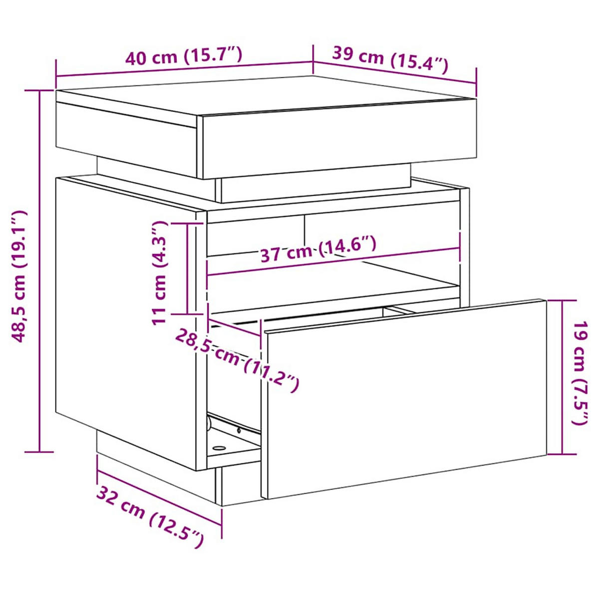 NACHTTISCH 2 Stk. mit Led-Leuchten 40/39/48,5 cm in Betongrau - Hellgrau, Holz (40/48.5/39cm) - vidaXL