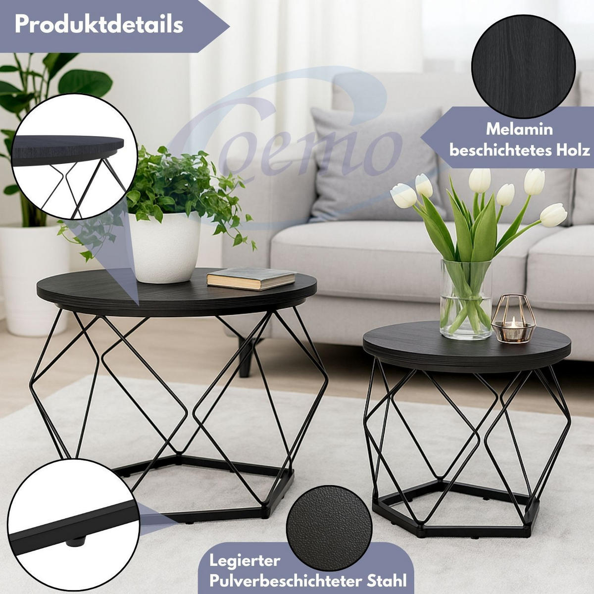 BEISTELLTISCH DUETT Schwarz 2er-Set Metall Ø 50 / 40 cm H: 40 / 36 cm - Schwarz, Metall (50/50/40cm) - Coemo