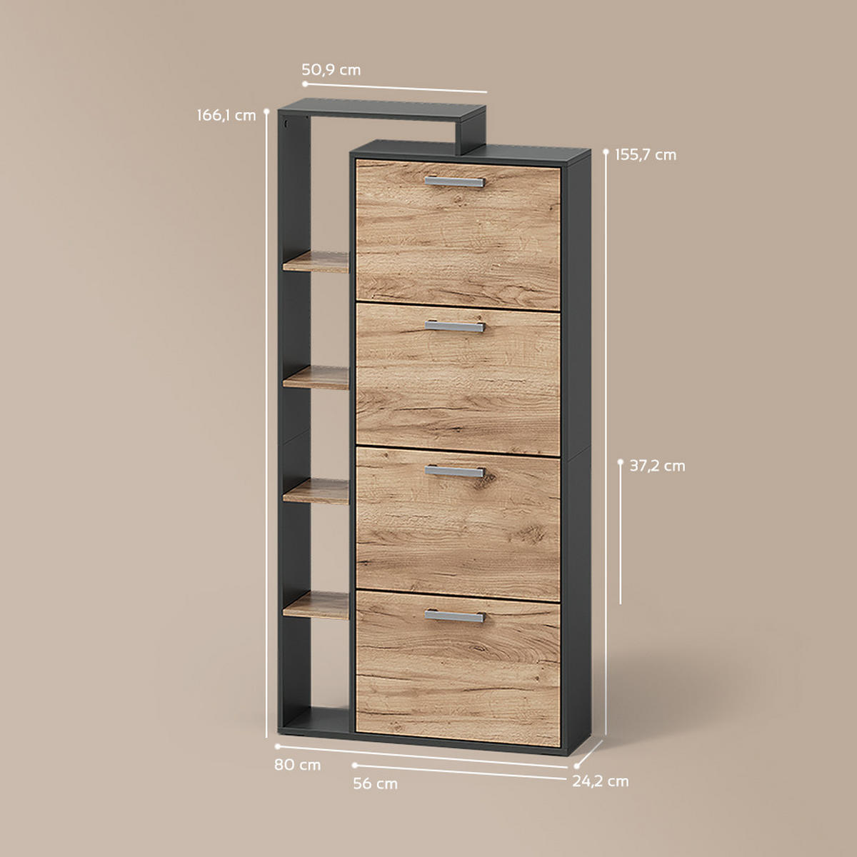 SCHUHKIPPER Ortello Goldkraft Eiche/Anthrazit 80 x 166.1 cm mit 4 Fächern - Honigeiche/Anthrazit, Holzwerkstoff (80/166.1/24.2cm) - Livinity®