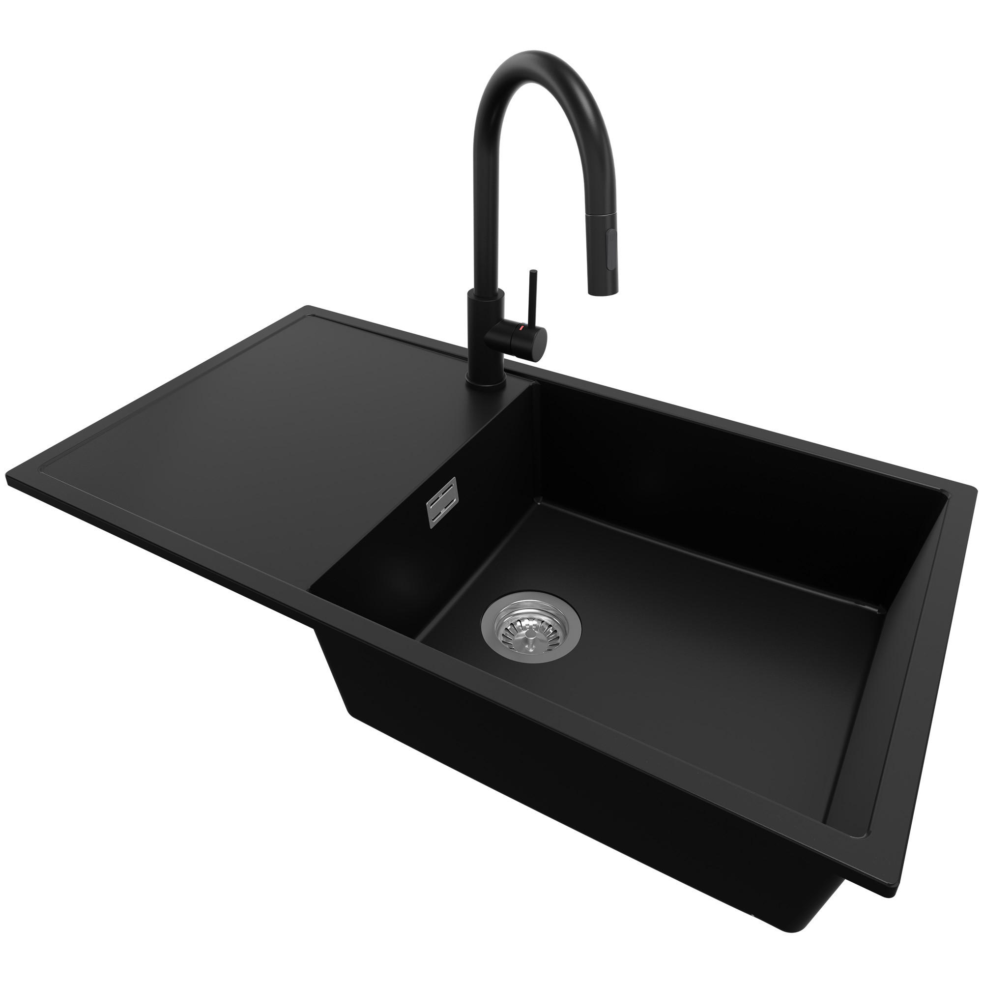 GRANITSPÜLE Ibiza, 2-er set Schwarz 90/50 cm 1 Becken + Küchenarmatur 40/20 cm + Ablauf-Set ab 60er Unterschrank - Chromfarben/Schwarz, Kunststoff (90/19/50cm) - Primagran