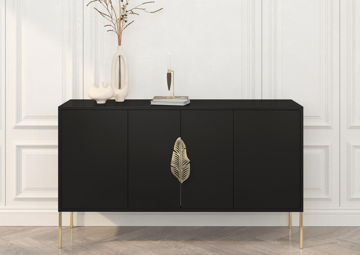 SIDEBOARD Merlin, Schwarz, Goldene Details - Goldfarben/Schwarz, Holzwerkstoff/Metall (138/79/40cm) - Skandica