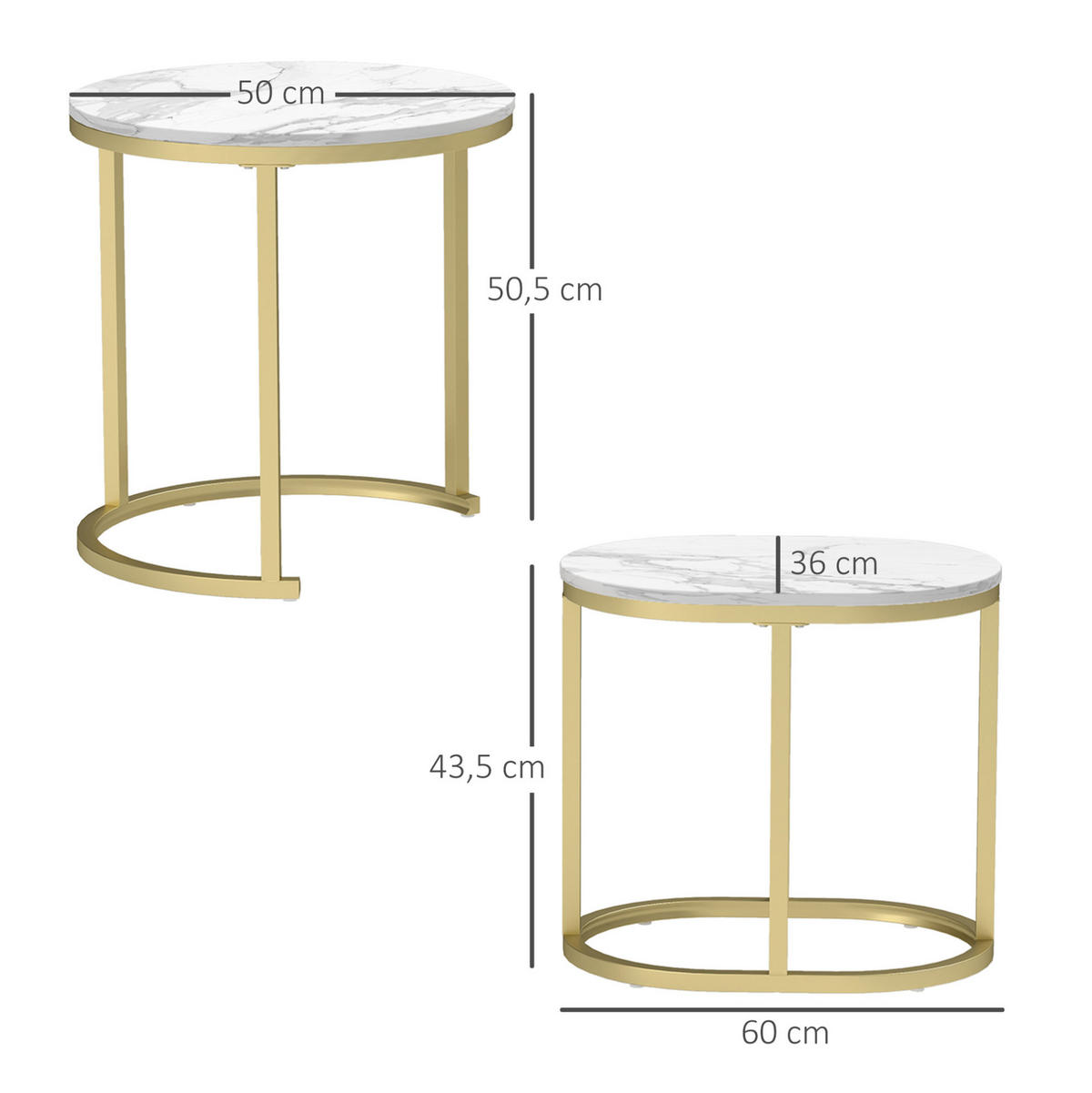 COUCHTISCH-SET aus MDF 50x50,5 cm und 60x36x43,5 cm Weiß stapelbar mit Stahlrahmen und verstellbaren Füßen - Weiß, Holzwerkstoff (50/50/50.5cm) - Modfu