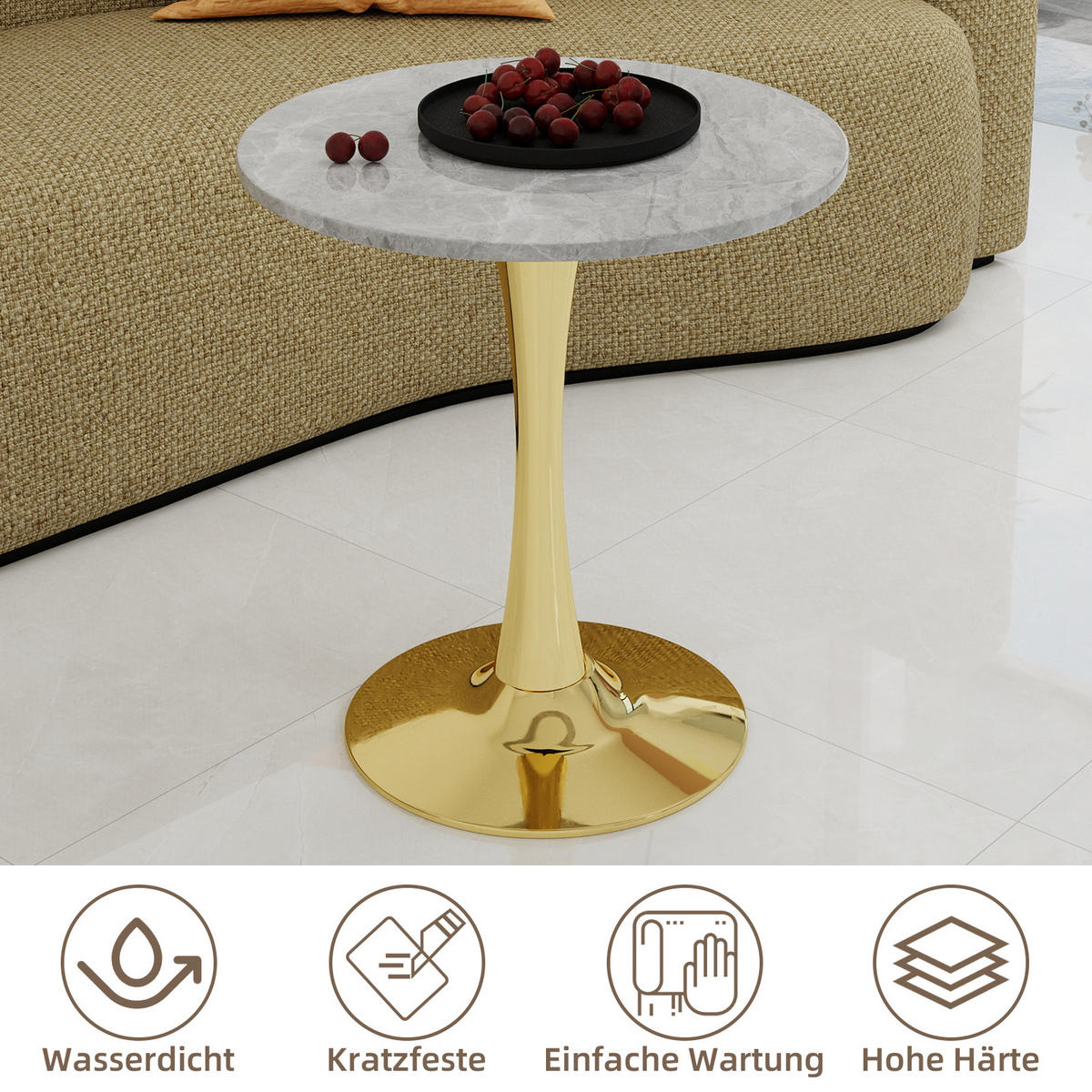 COUCHTISCH in Gold Wohnzimmertisch mit einer runden Marmor-Tischplatte für Wohnzimmer, B70/T70/H72 cm - Goldfarben, Stein/Metall (70/70/72cm) - STILVORA