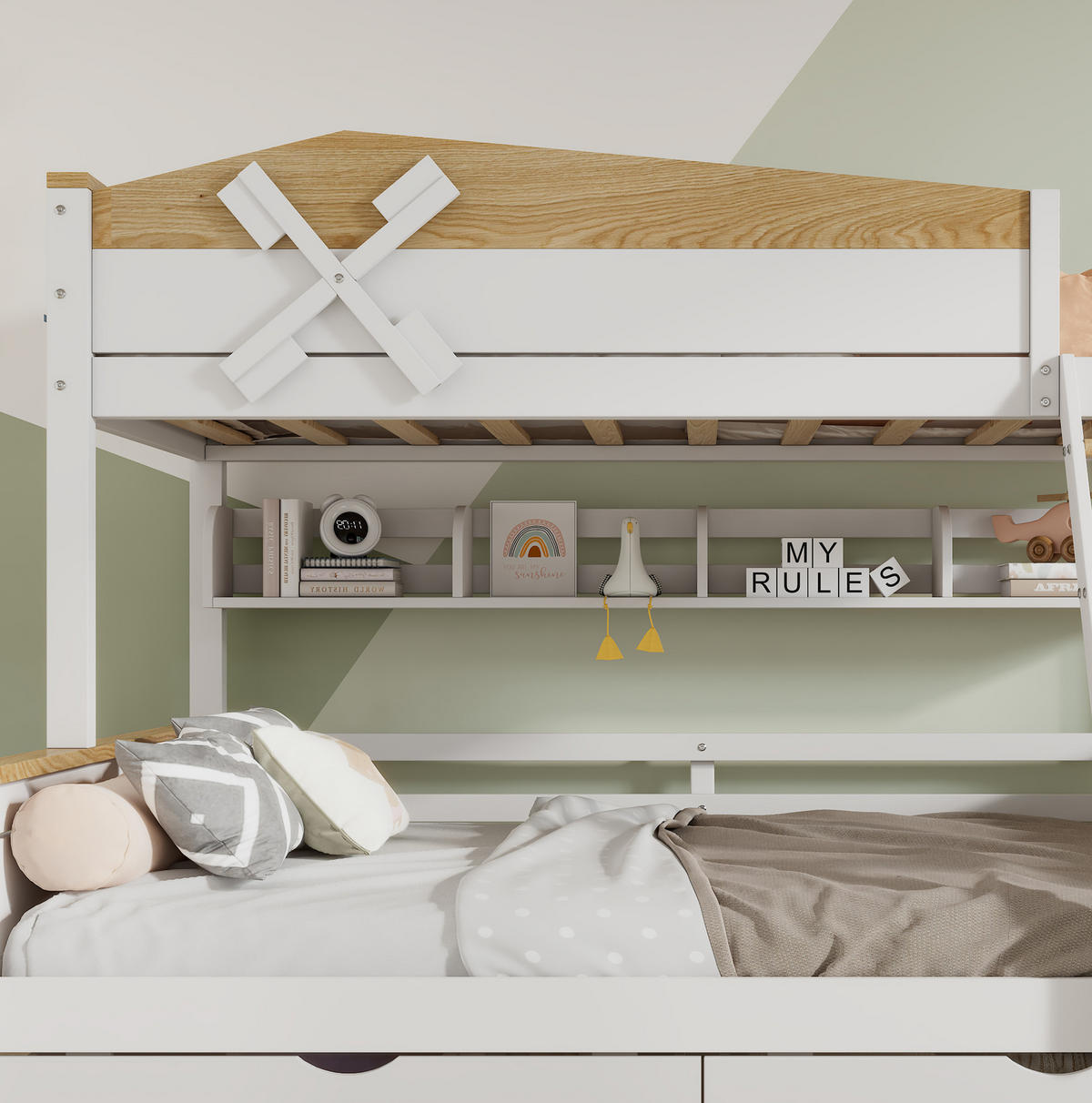 ETAGENBETT 90/200 cm & 140/200 cm in Weiß/Natur mit Windmühle, Regalen und Schubladen - Weiß, Holzwerkstoff (90/200cm) - OKMYHOME