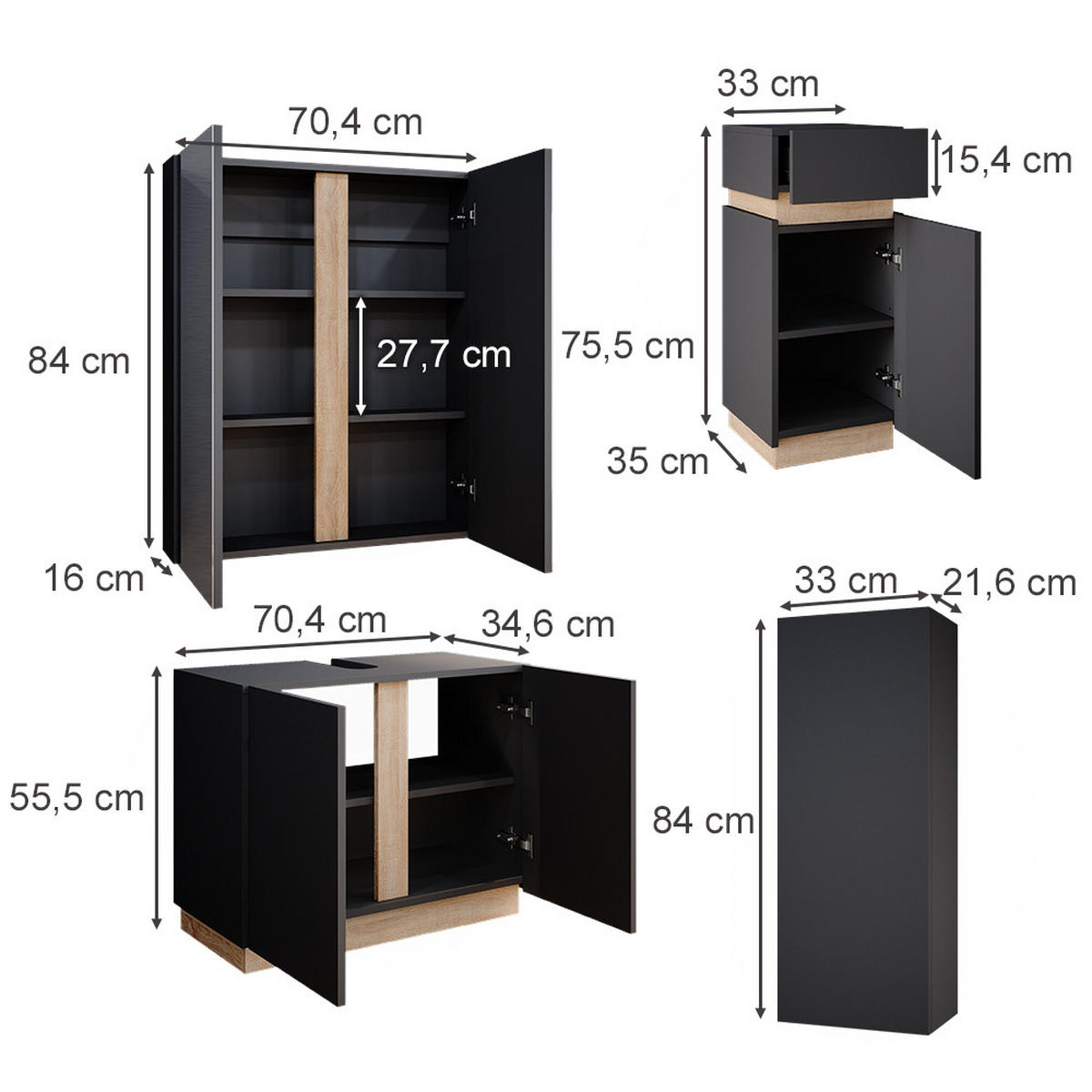 BADMÖBEL-SET Gloria Anthrazit 4 Teile - Anthrazit/Sonoma Eiche, Holzwerkstoff (70/55/34cm) - Vicco