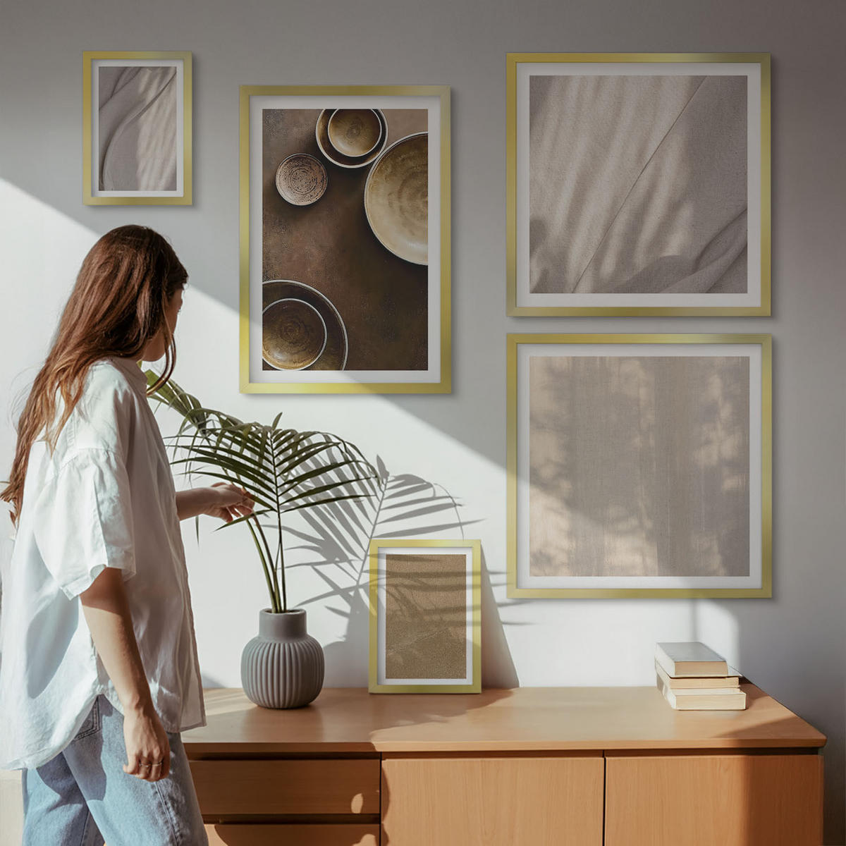 WANDBILDER 5er Set - 50x50 cm & 20x30 cm & 40x60 cm Goldrahmen - Strukturen, Texturen, Minimalismus - Goldfarben, Kunststoff (40/60cm) - ArtPrintCave