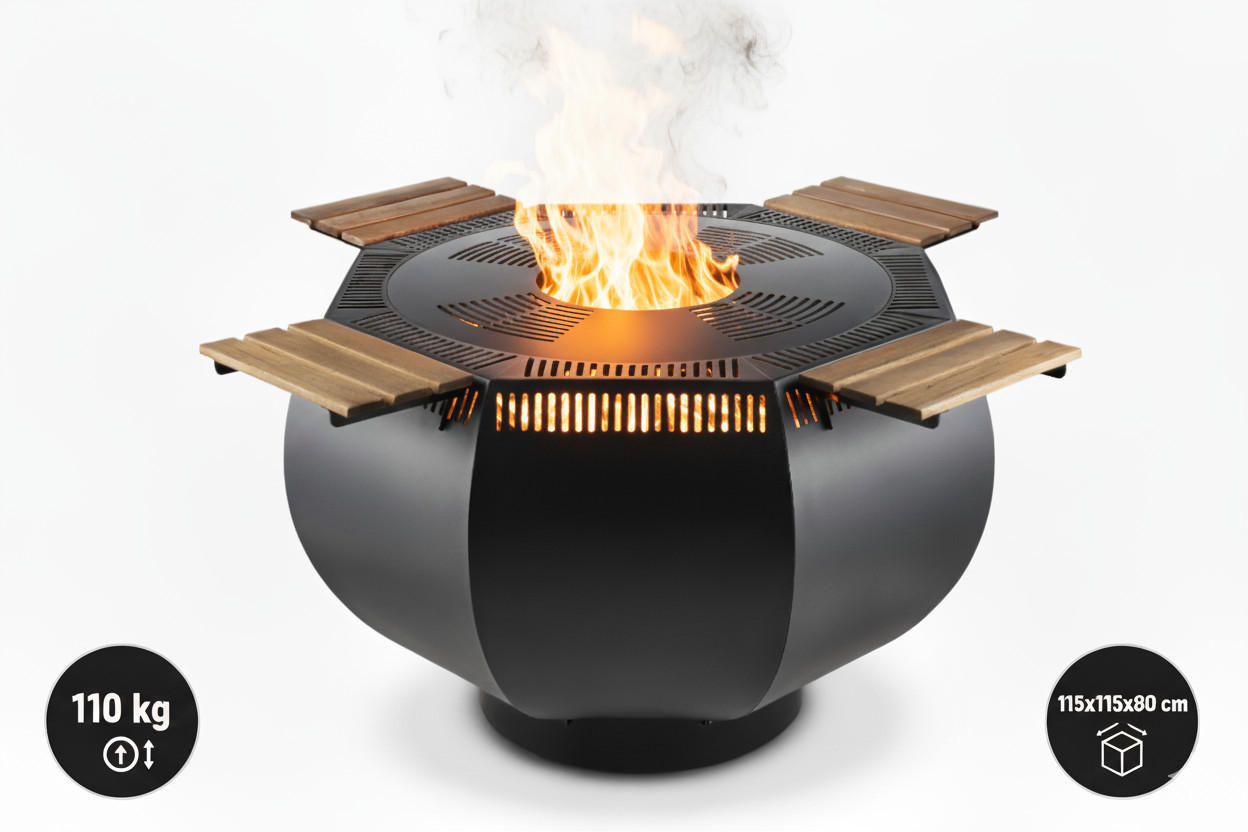 FEUERSCHALE mit Grillring WOX Schwarz 115 x 115 x 80 cm 110 kg pulverbeschichtet - Schwarz, Metall (115/80/115cm) - The Favilla