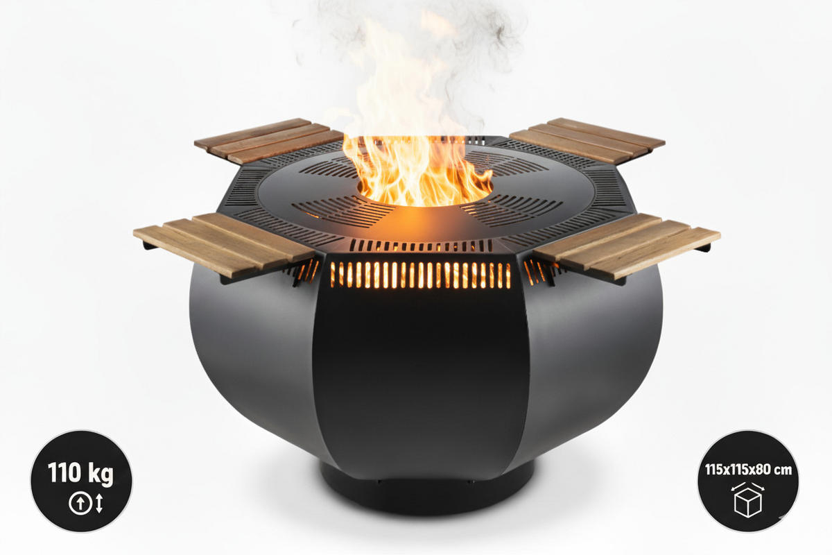 FEUERSCHALE mit Grillring WOX Schwarz 115 x 115 x 80 cm 110 kg pulverbeschichtet - Schwarz, Metall (115/80/115cm) - The Favilla