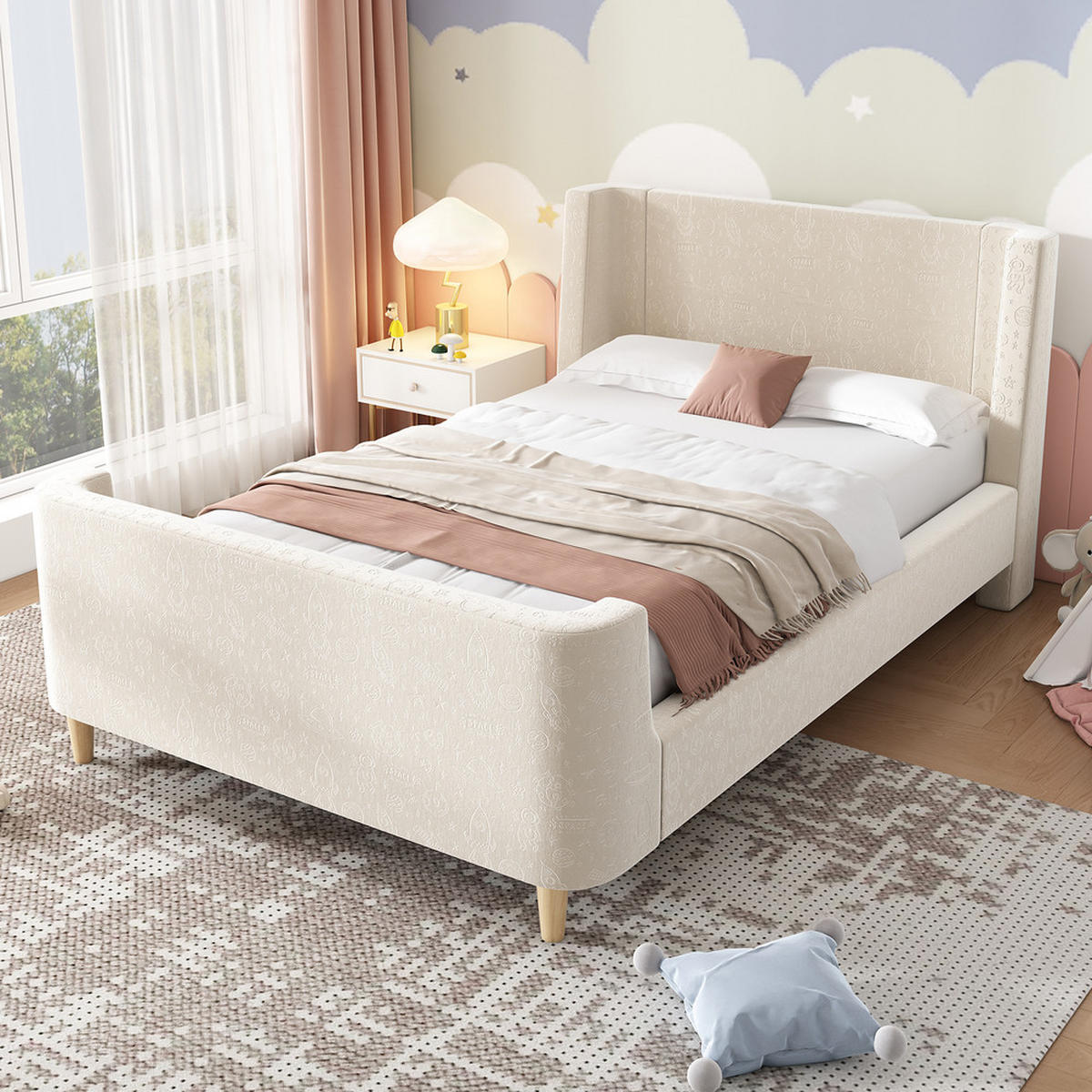 KINDERBETT 90x200cm Schlittenbett Kosmisches Muster Samt Beige - Beige, Holz - FLIEKS