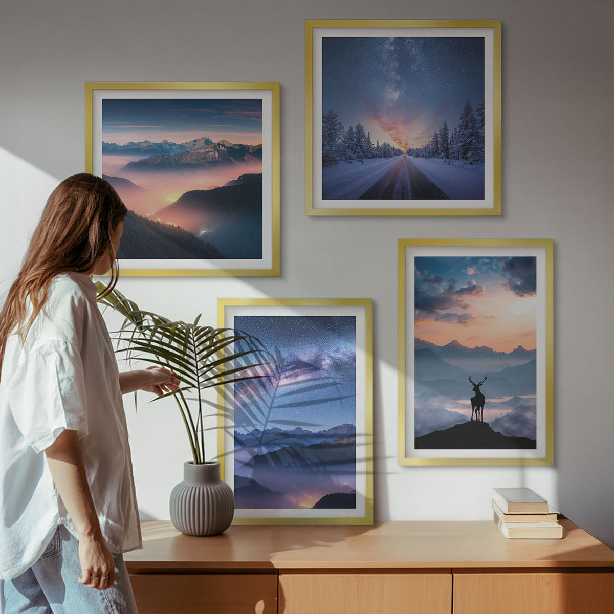 BILDER SET 4er Set - 50x50 cm & 40x60 cm Goldrahmen - Nachthimmel Berge Nebel Hirsch - Goldfarben, Kunststoff (50/50cm) - TULUP
