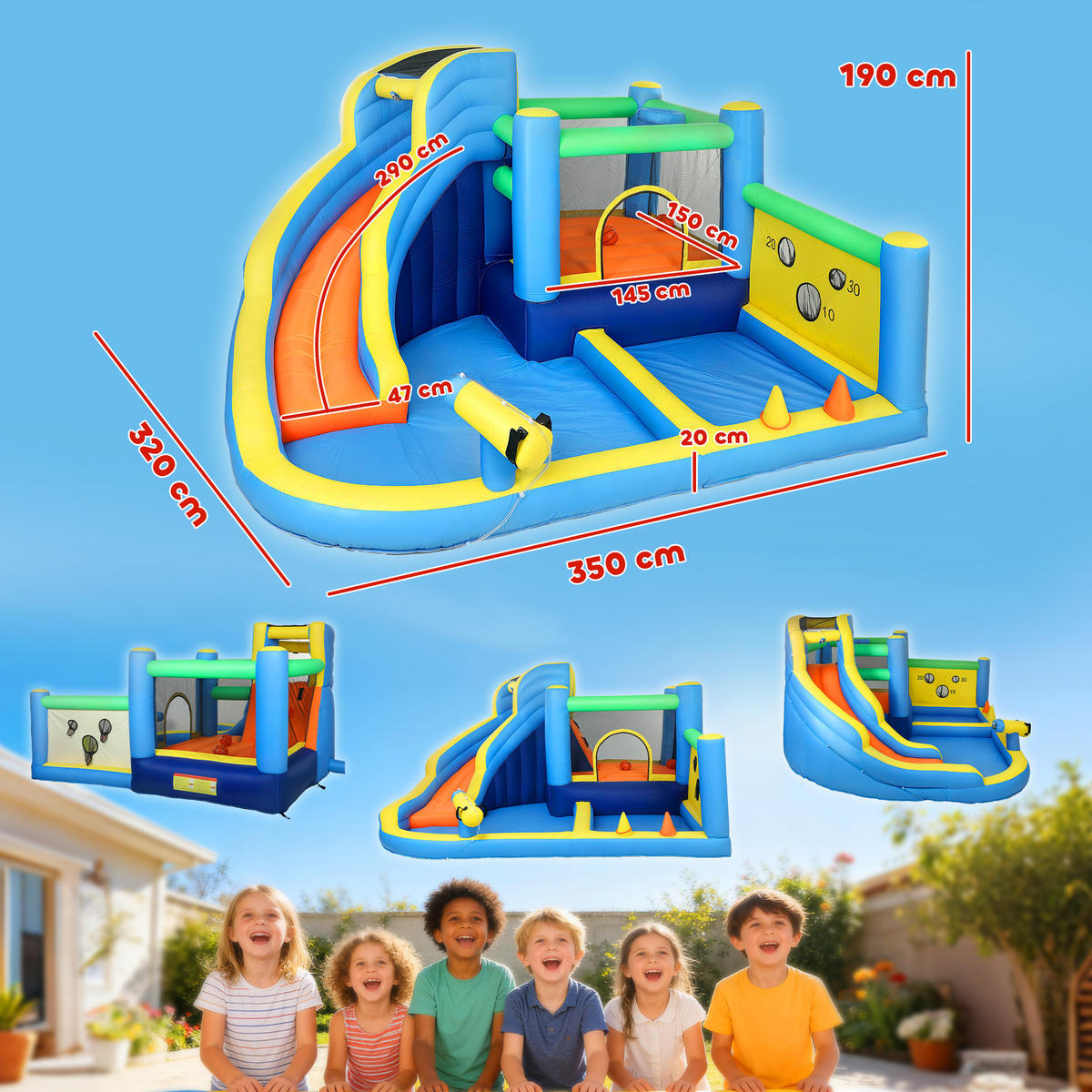 HÜPFBURG DE-18571 8-in-1 mit Gebläse, Wasserspielzeug & Trampolin - Multicolor, Kunststoff (350/320/190cm) - ComfortXL