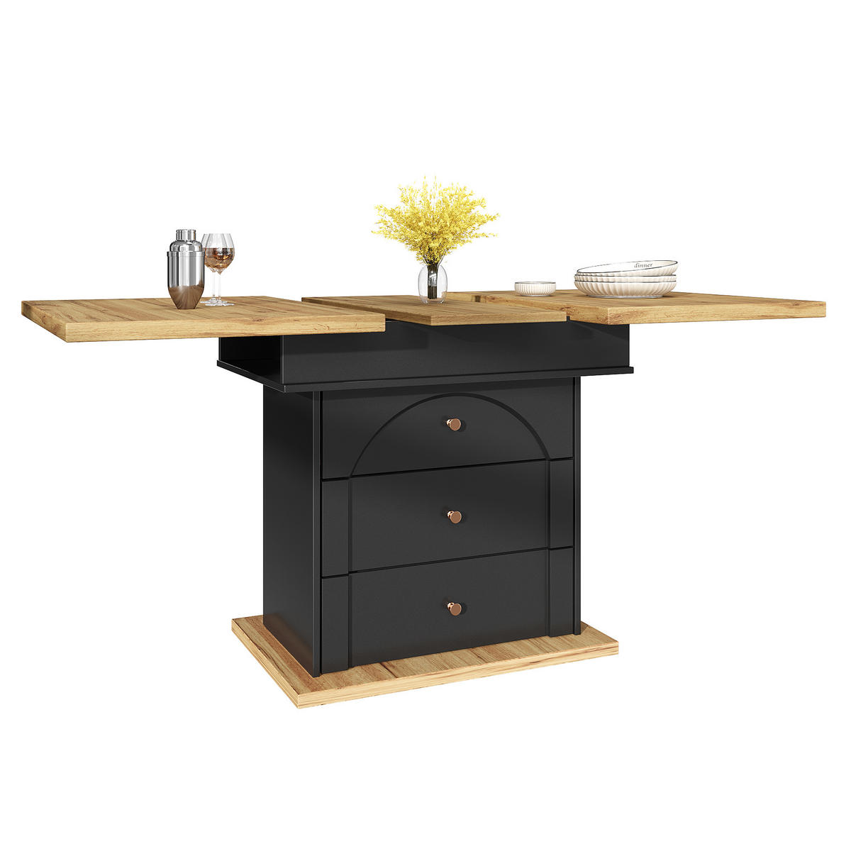 ESSTISCH Ausziehbarer aus MDF mit Stauraum & Klapptür, 110–140/80/75 cm, Schwarz/Natur - Schwarz, Holzwerkstoff (110/80/75cm) - Redom