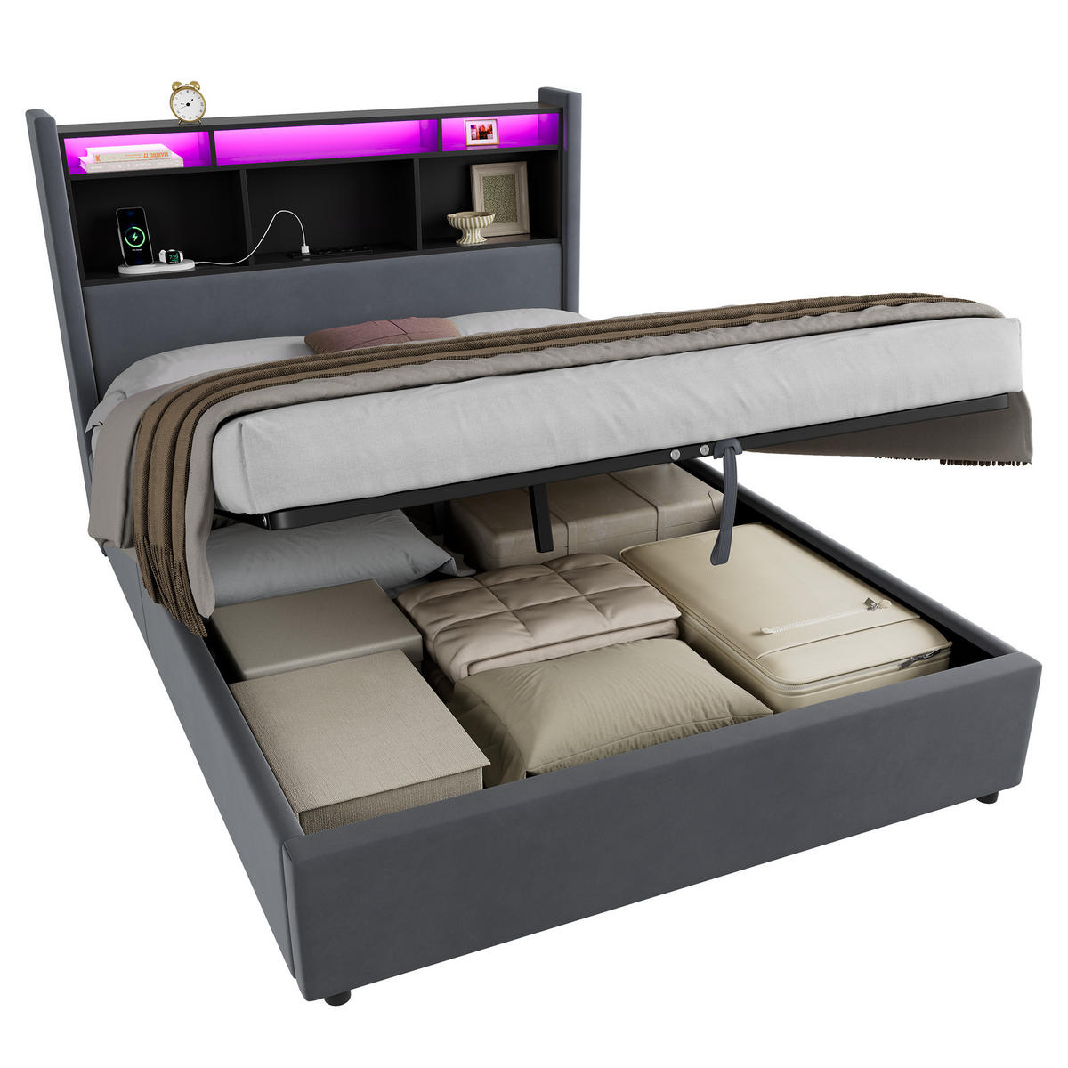 POLSTERBETT 140×200 mit LED-Beleuchtung, Kopfteilablage und Lattenrost - Grau, Holzwerkstoff/Textil (140/200cm) - EVRYAE