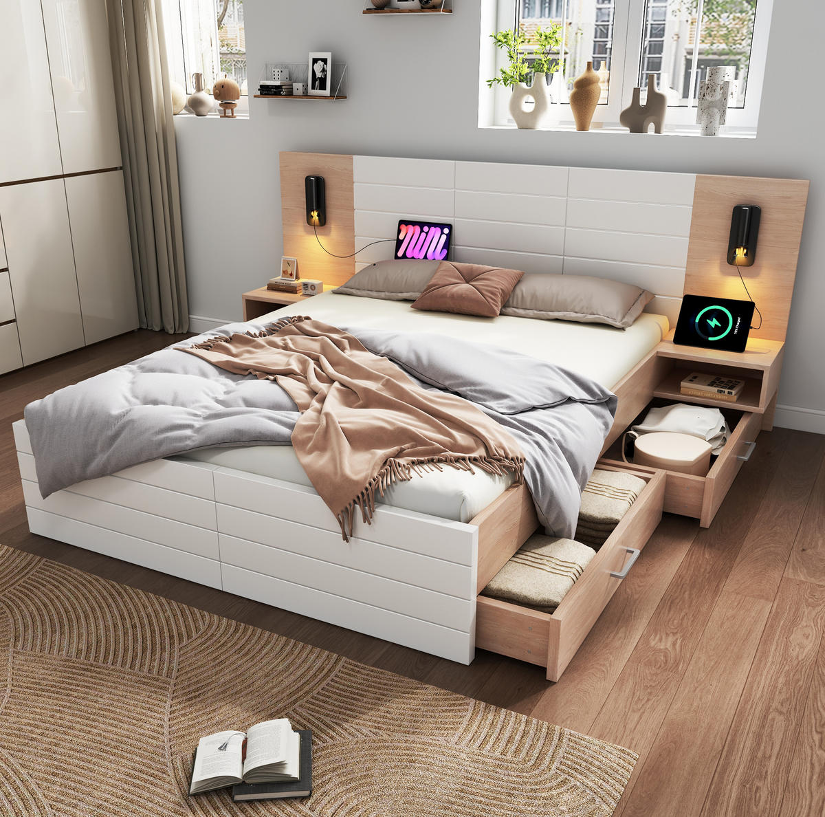 POSTEL z masivního dřeva a MDF, 140×200 cm bílá/dub, s úložným prostorem a USB - bílá, kompozitní dřevo (140/200cm) - BEAOK