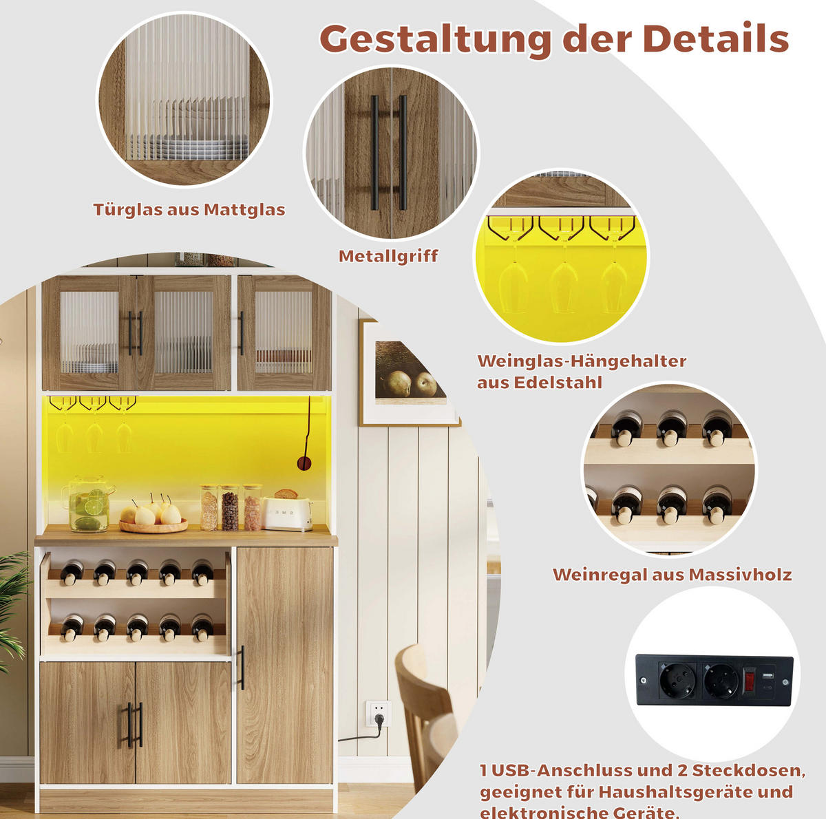 BUFFET 100/40/180 cm in Weiß/Sonoma-Eiche mit LED-Beleuchtung und Weinregal - Weiß, Holzwerkstoff (100/180/40cm) - Flora Grace