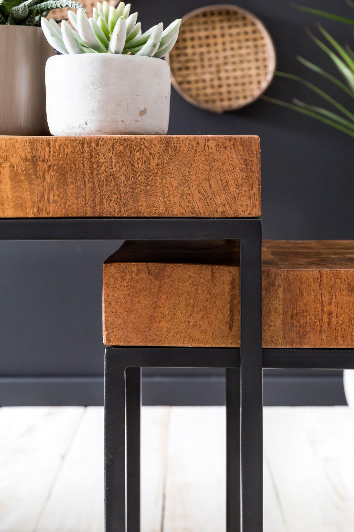 BEISTELLTISCH Set – 2-teilig Massivholz Metall handgefertigt Industrial - Schwarz/Braun, Holz/Metall (30/30/60cm) - KADIMA DESIGN