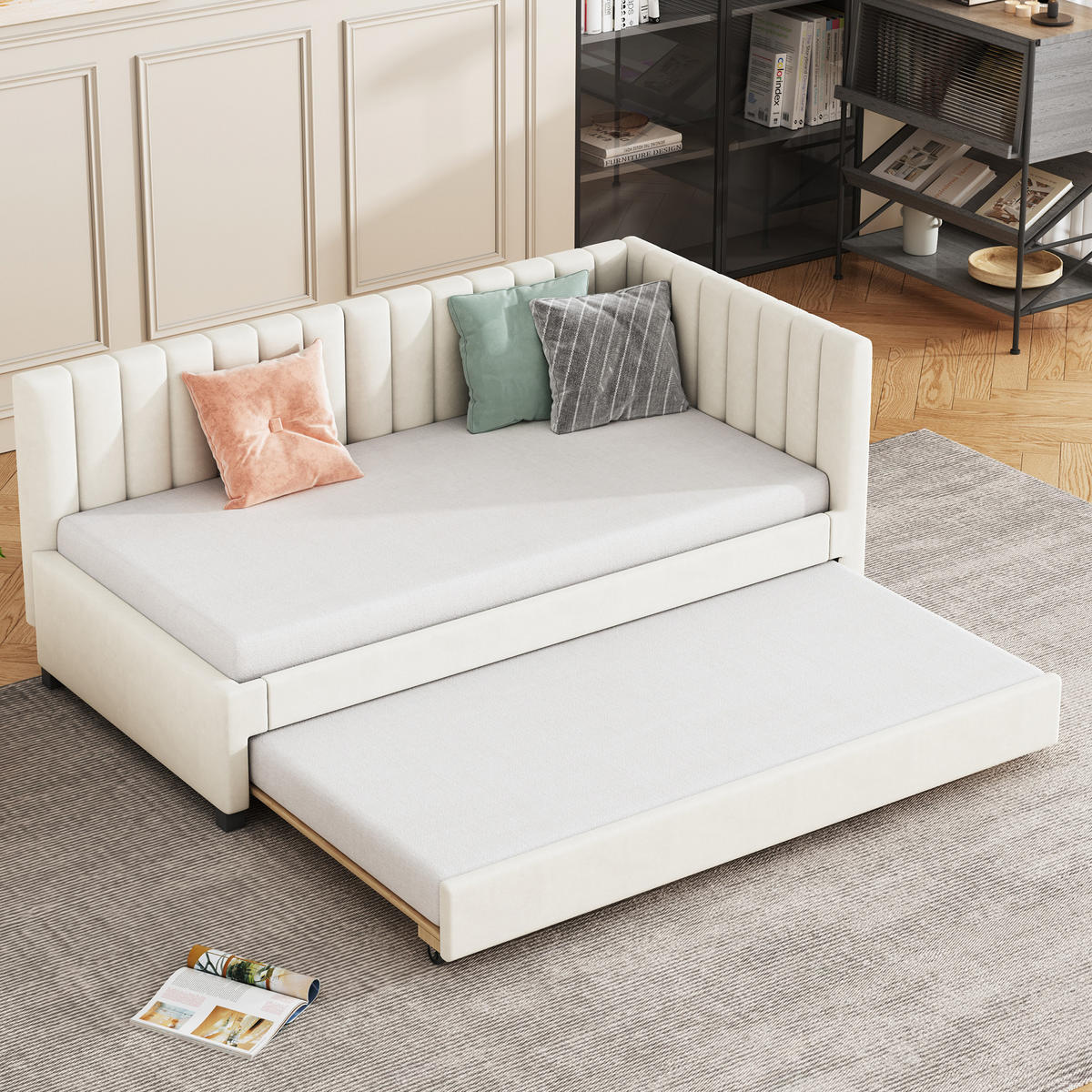 BETT Ausziehbar 90/200 cm mit Kopfteil aus Samtstoff in Beige - Beige, Leder (90/200cm) - OKWISH