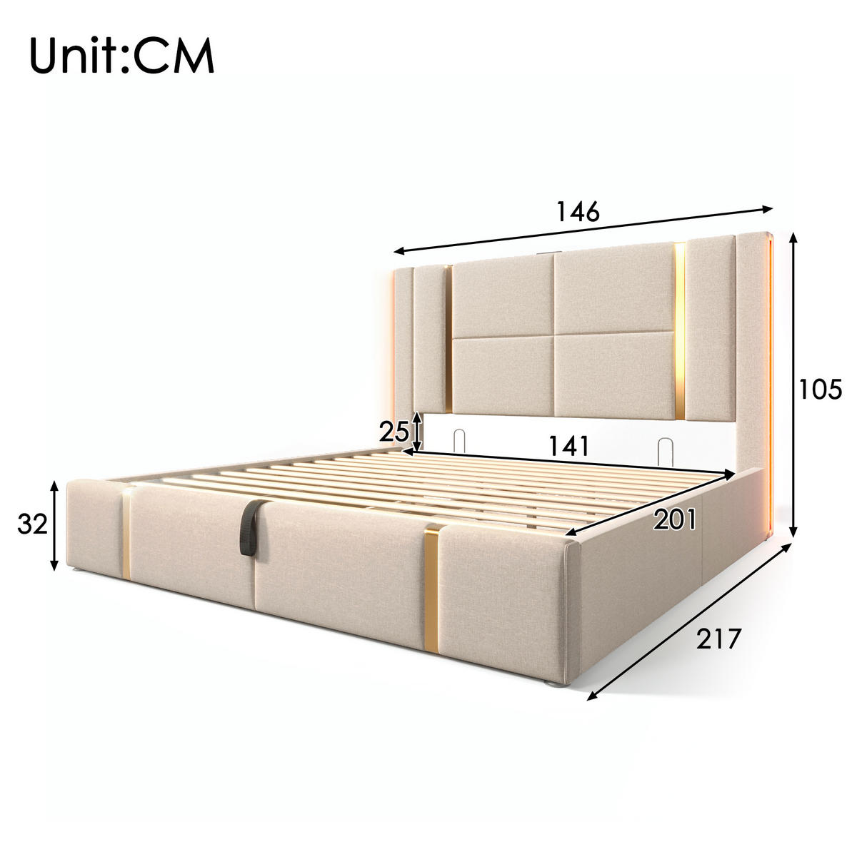 POLSTERBETT mit Stauraum, LED und Ladeanschlüssen 140x200 cm Leinen Beige - Beige, Metall (140/200cm) - Beauniv