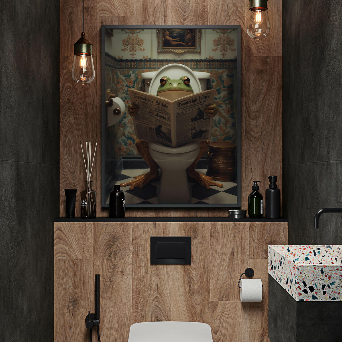 POSTER für WC Badezimmer FROSCH in Toilette Retro Zeitung Abstraktion 50x70cm - Beige/Schwarz, Papier (50/70/70cm) - Muralo