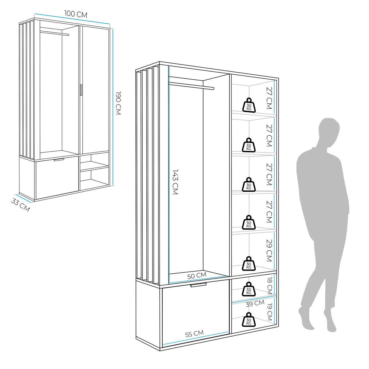 GARDEROBENSCHRANK mit Spiegel-mit Ablagen und Kleiderstange - Grau, Holzwerkstoff (100/190/33cm) - Idohome