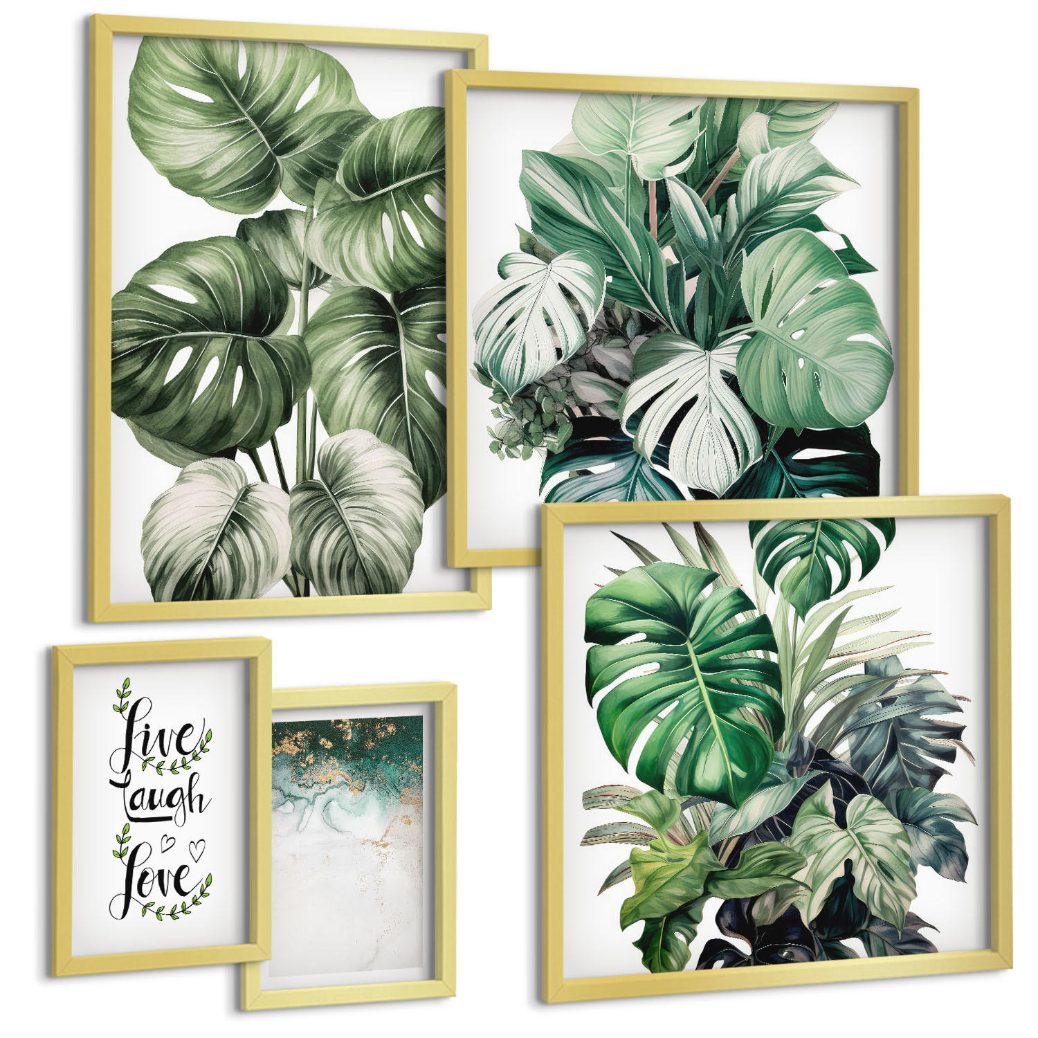 BILDER SET 5er Set - 50x50 cm & 20x30 cm & 40x60 cm Goldrahmen - Blattpflanzen leben, lachen, lieben - Goldfarben, Kunststoff (40/60cm) - TULUP