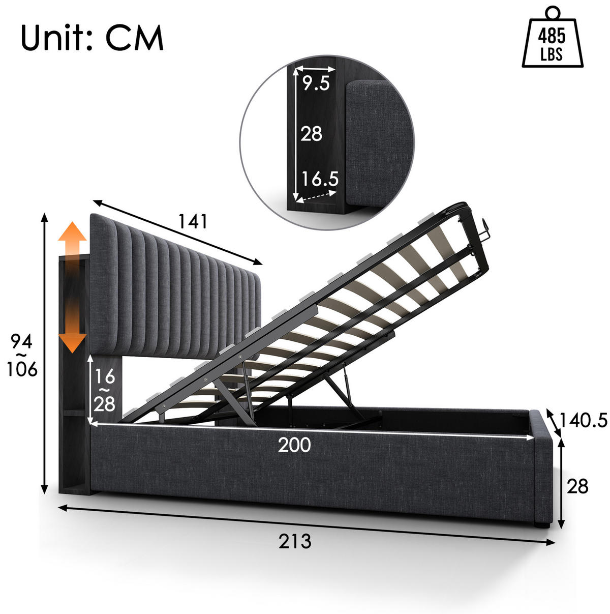 POLSTERBETT 140/200 cm mit LED, USB-Type-C, Stauraum, verstellbarem Kopfteil und Matratze, Grau - Grau, Textil (140/200cm) - Redom