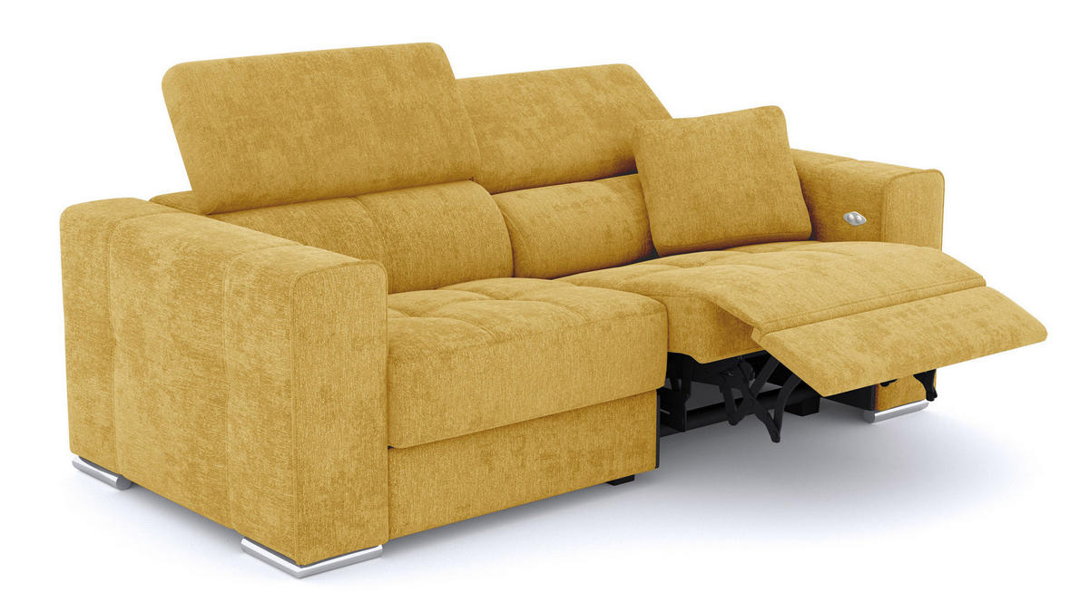 SOFA QUARTZ 3-Sitzer mit 1 Relaxfunktion, honig - Silberfarben/Honig, Holzwerkstoff/Textil (204/80/102cm) - Courtois Laville