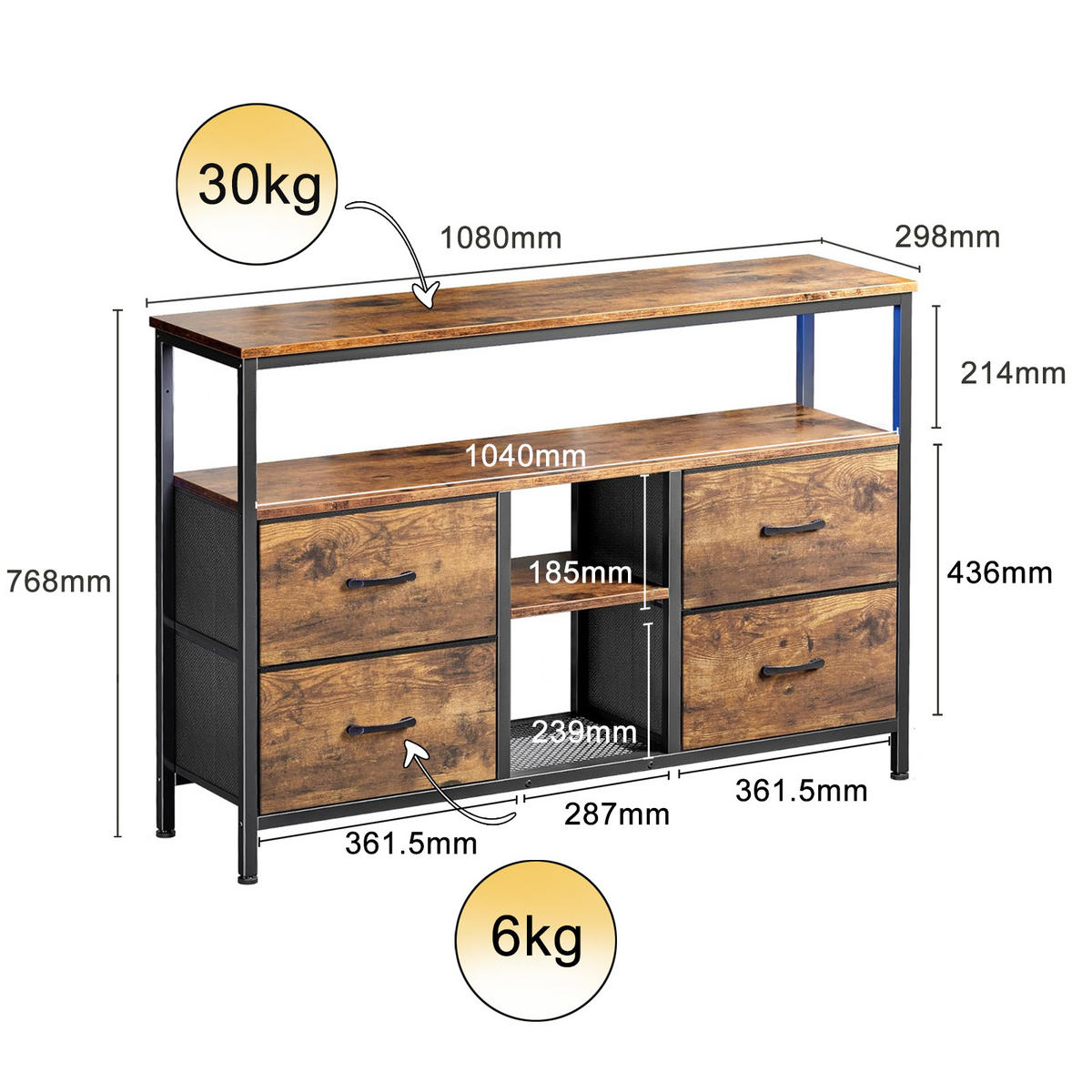 TV-SCHRANK 108 CM - Tigerholz-Optik mit Tigerholz-Stoffschubladen - Bernsteinfarben, Holz (30/78/108cm)
