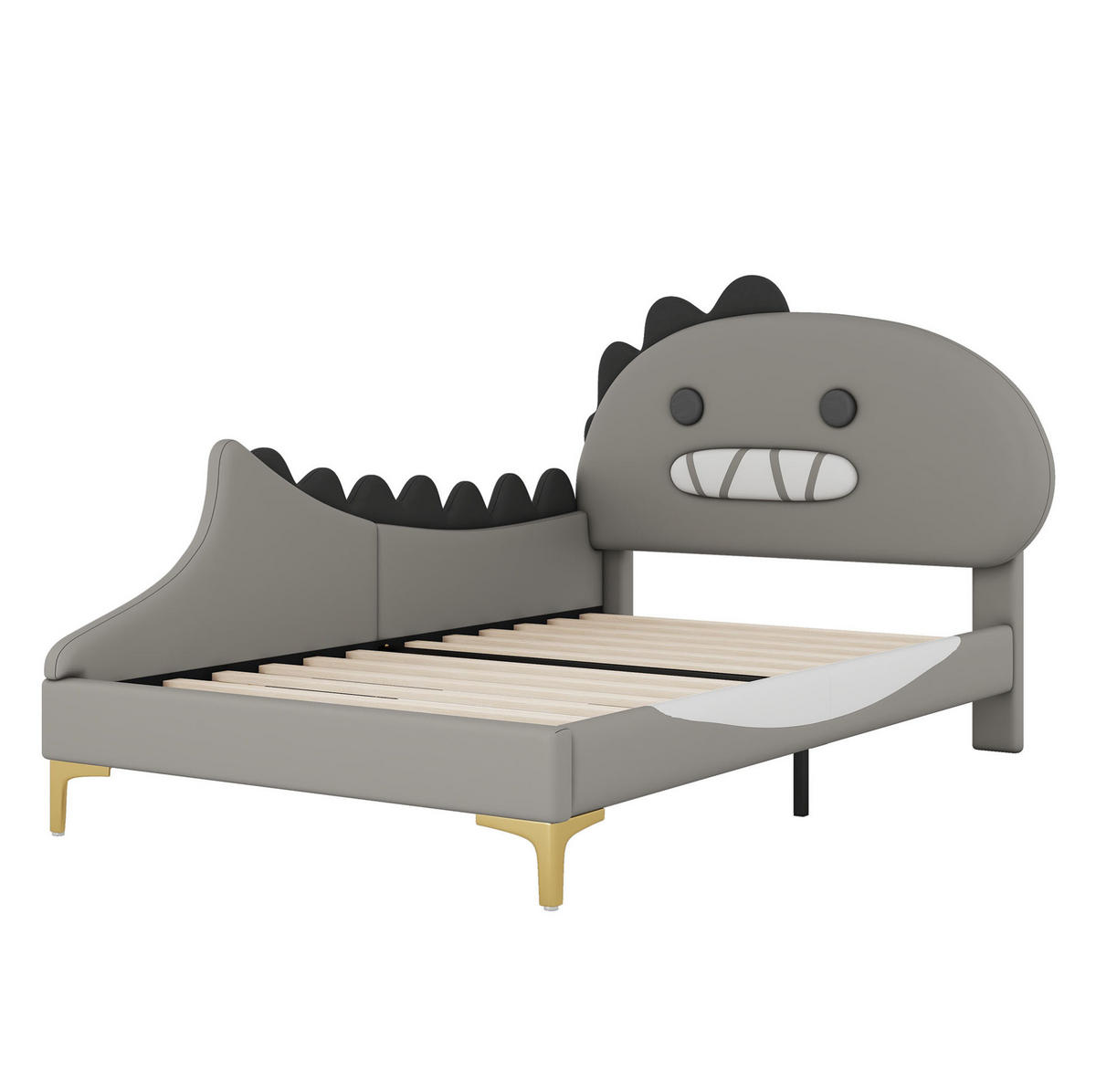 KINDERBETT aus PU 90x200 cm Grau mit Cartoon-Dinosaurier-Design und pflegeleichter Oberfläche - Grau, Kunststoff (90/200cm) - Modfu