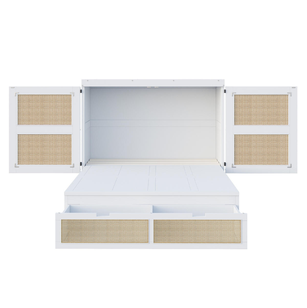 MULTIFUNKTIONSBETT 140/200 cm Weiß Rattan-Design mit Stauraumschubladen aus Holz - Weiß, Holzwerkstoff (140/200cm) - OKWISH