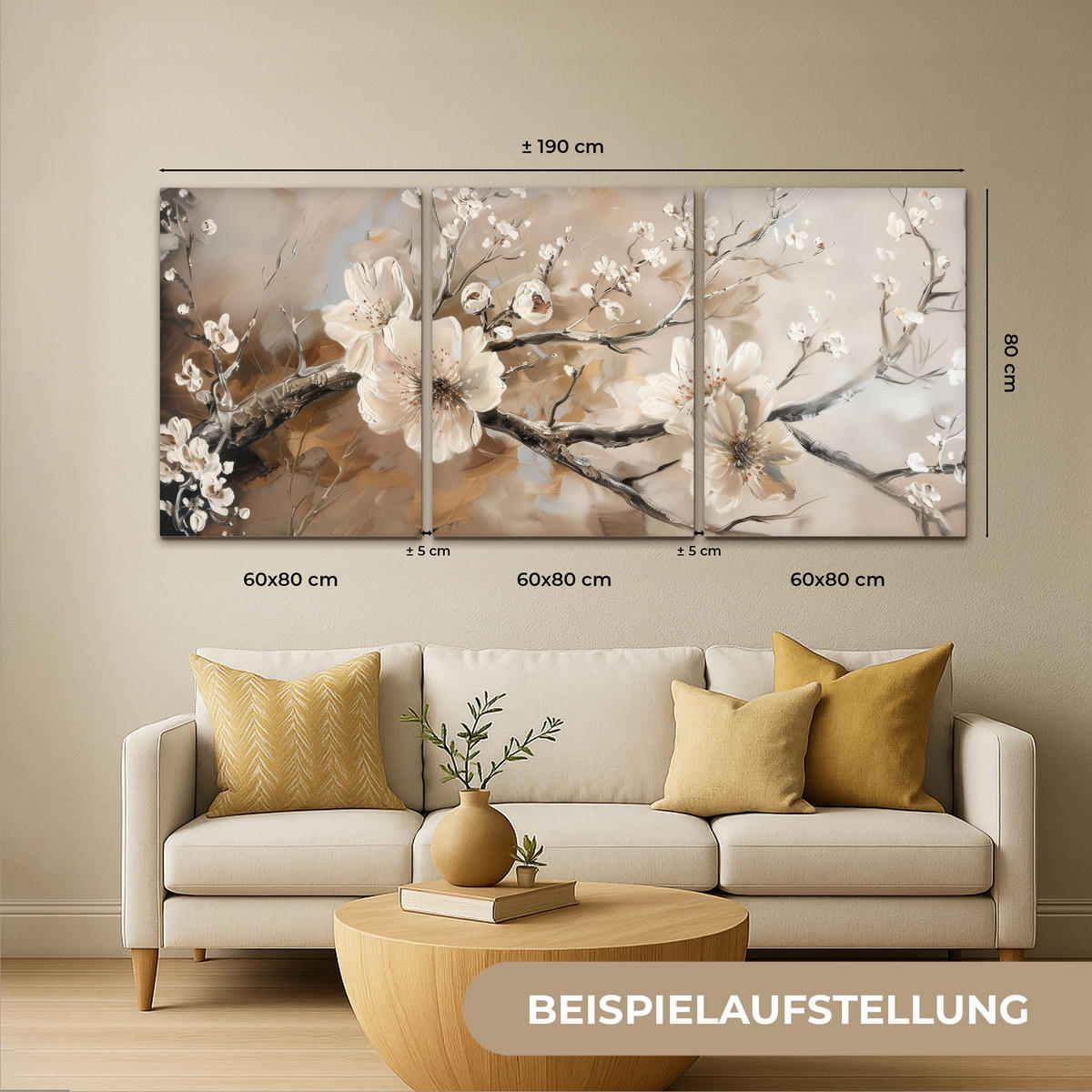 OBRAZ NA PLÁTNĚ 3dílná sada Květina - Béžová - Abstraktní - Květiny 180x80 cm - světle hnědá, textil (180/80cm) - MuchoWow