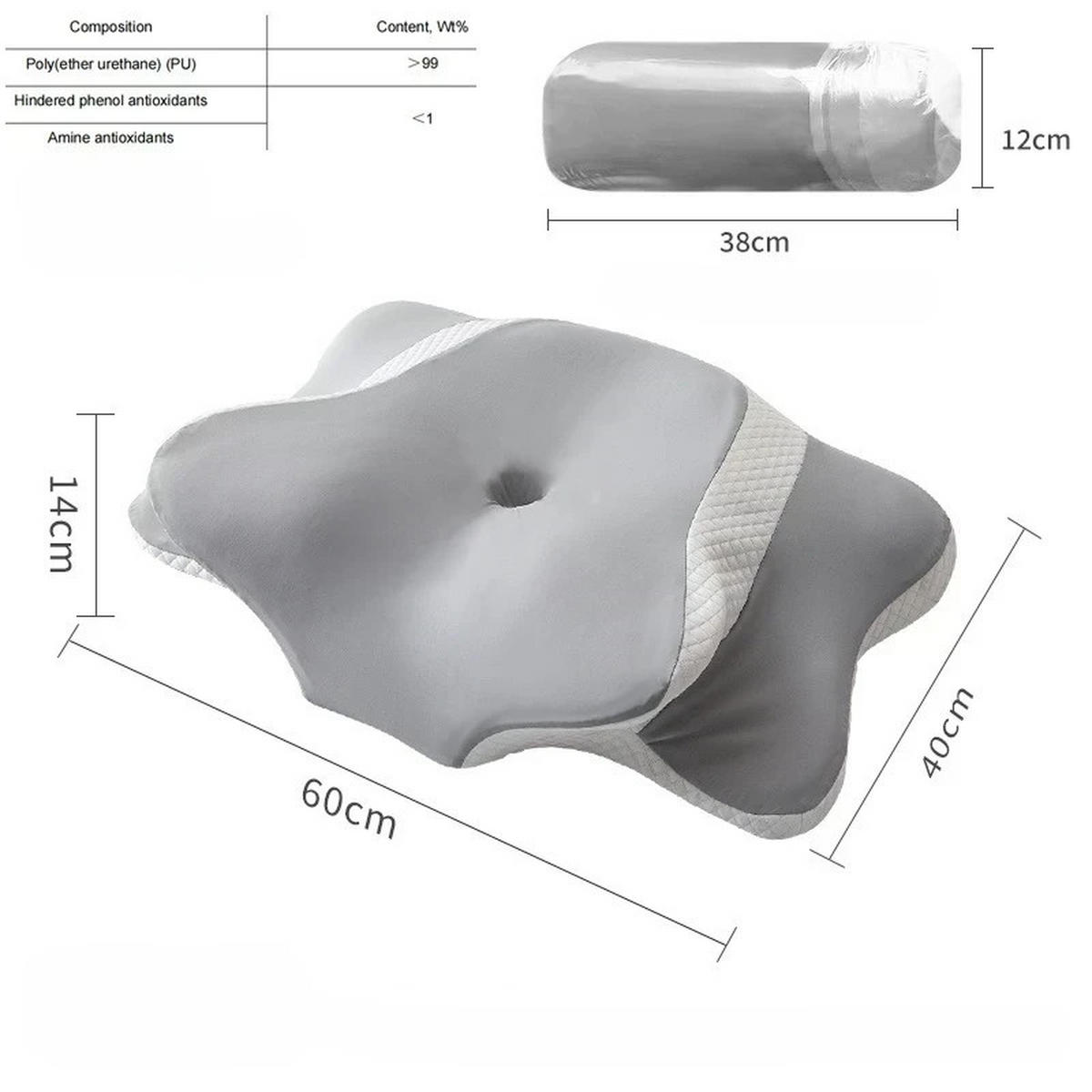 NACKENKISSEN ，Ergonomisches , 60x40x14cm - Grau, Textil (60/40cm)