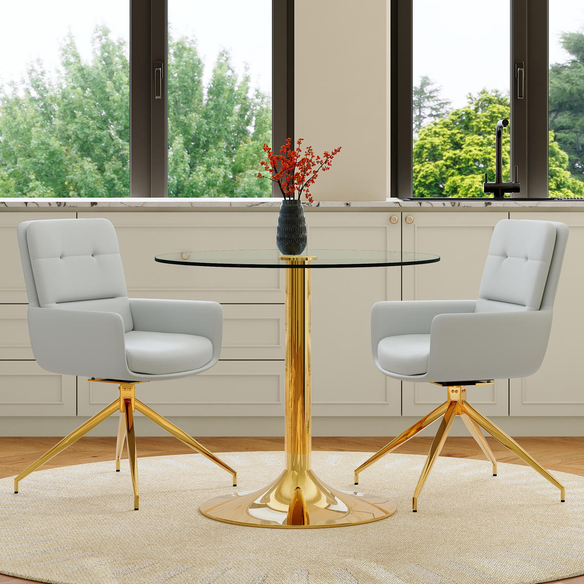 ESSGRUPPE DE-39476 3-teilig, Glastisch und 2 Drehstühlen mit Knopfverzierung Hellgrau - Hellgrau, Metall (85/75/85cm) - ComfortXL