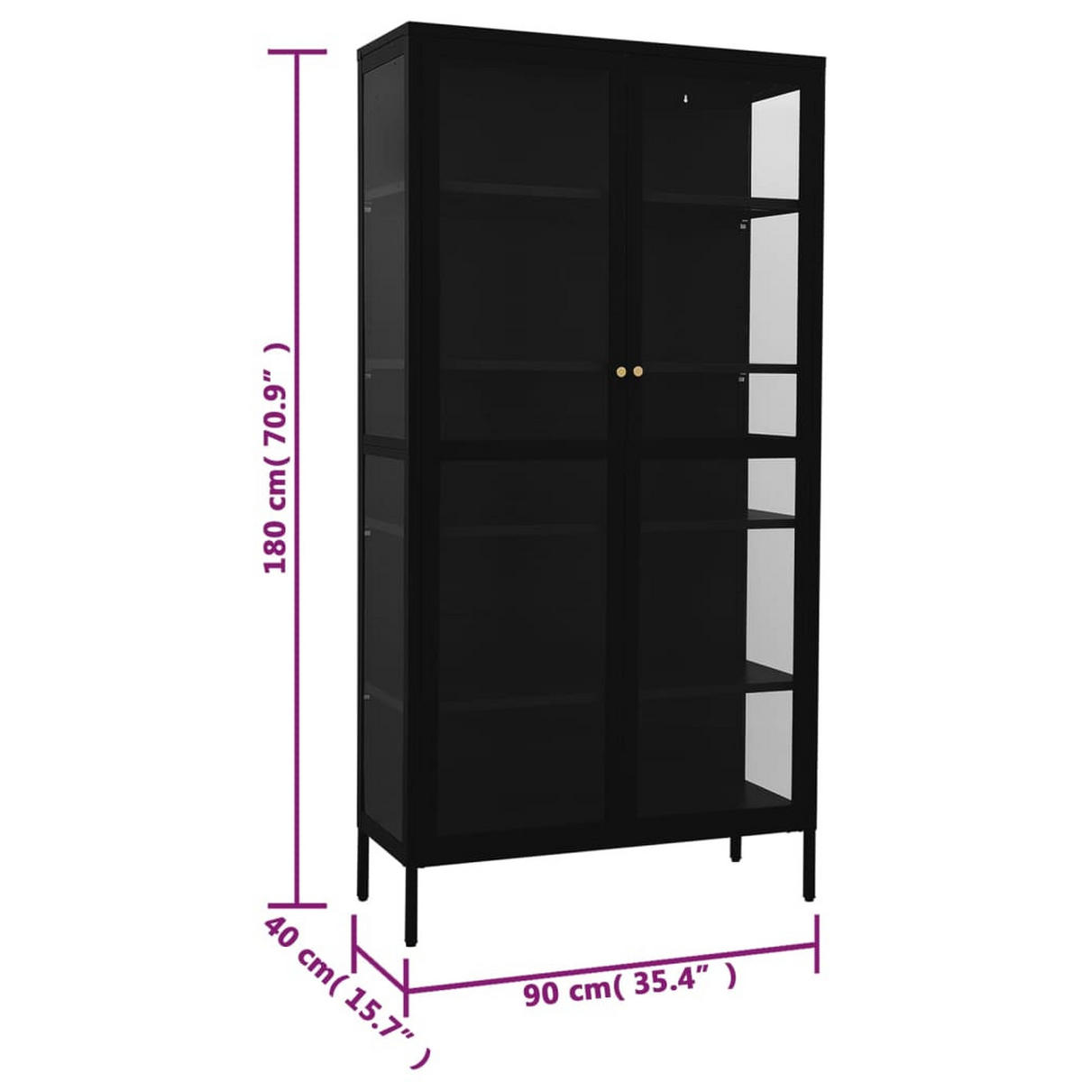VITRINE Schwarz 90/40/180 Cm Stahl Und Gehärtetes Glas - Goldfarben/Schwarz, Glas/Metall (90/180/40cm) - vidaXL
