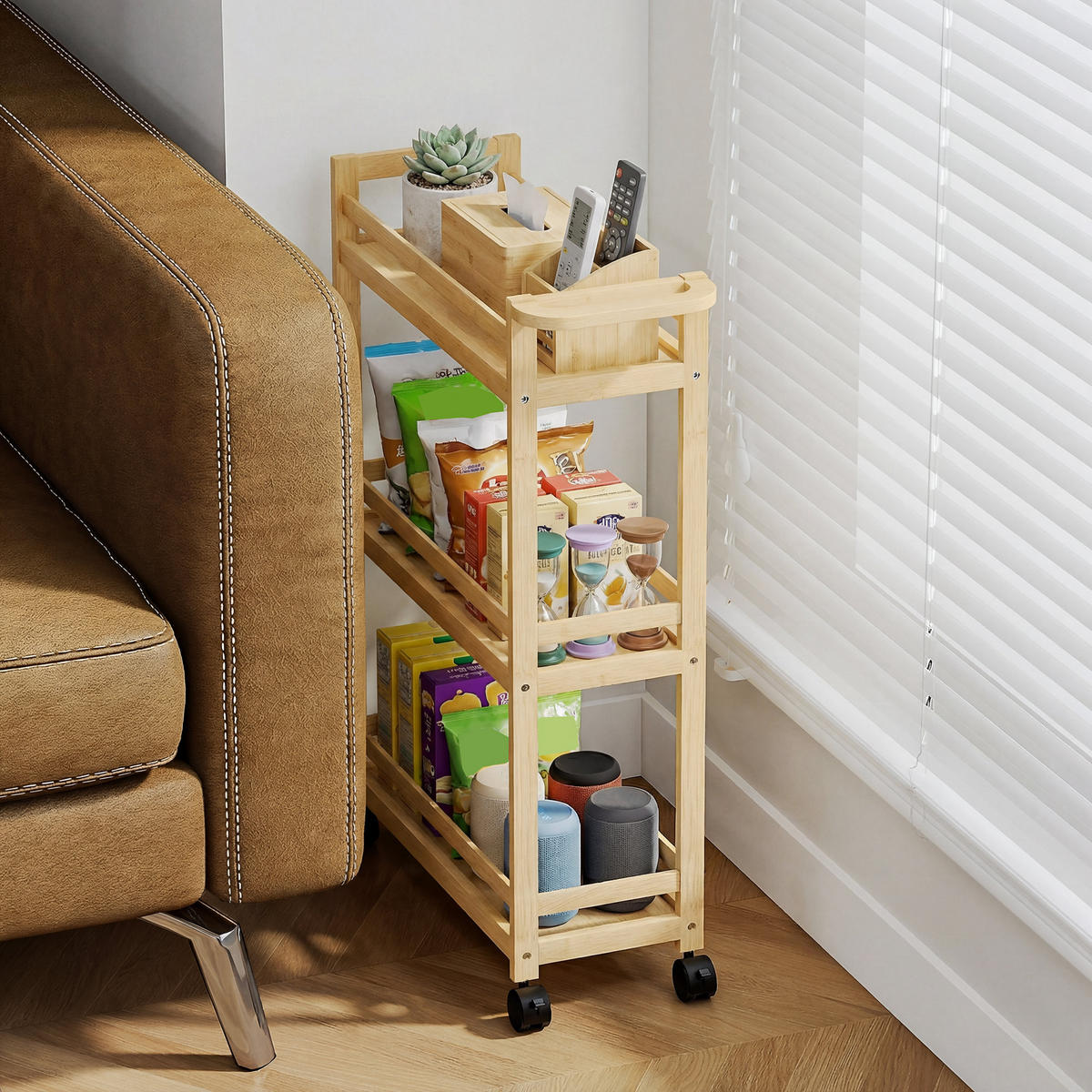 BADEZIMMERREGAL DE-17322 3-stufig mit Rollen & Handgriff Natur - Naturfarben, Naturmaterialien (20/75/55cm) - ComfortXL