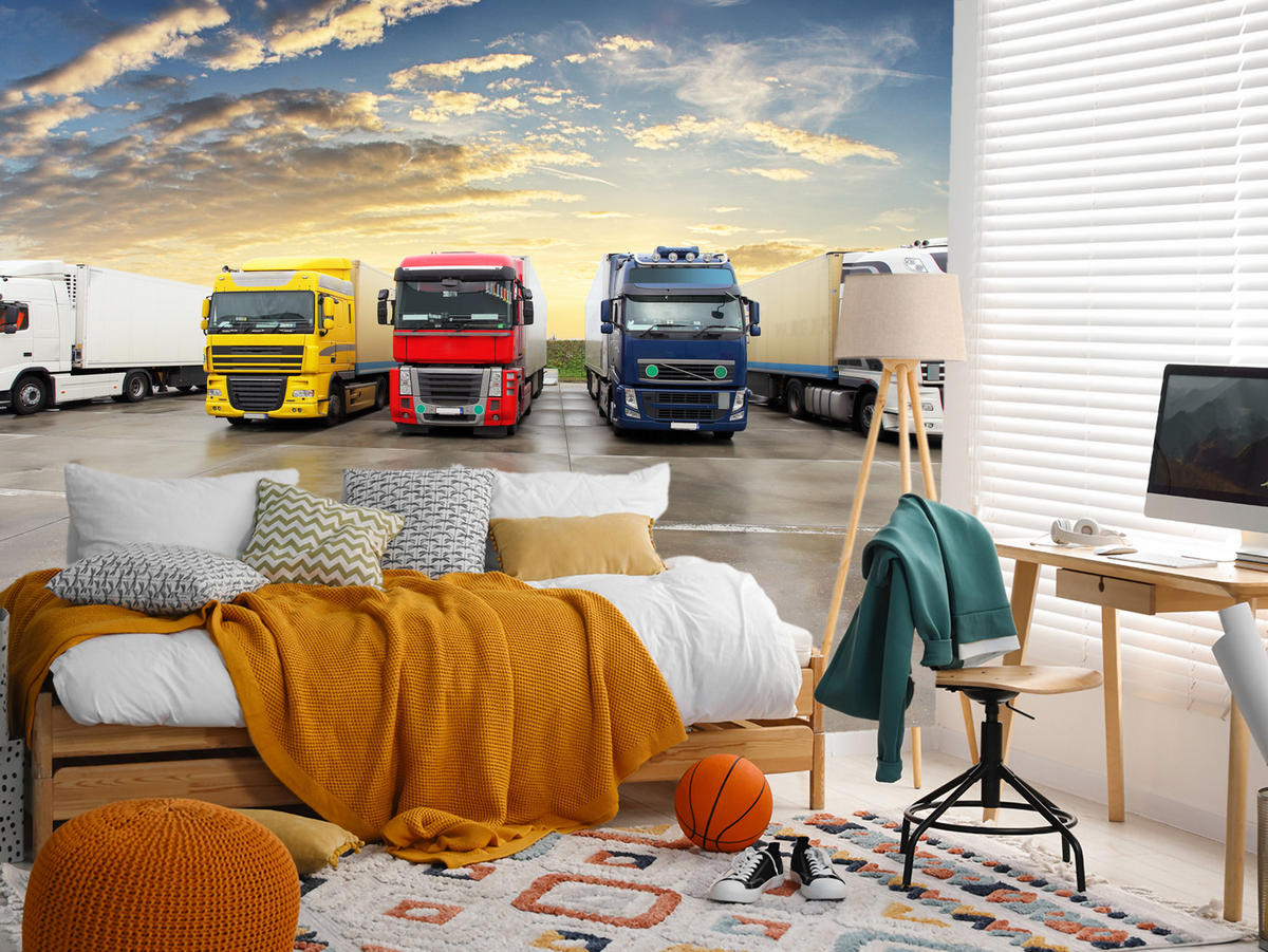 FOTOTAPETE für Wohnzimmer Lastwagen Parken Sonnenuntergang 400x280 - Gelb/Rot, Papier (400/280cm) - Muralo