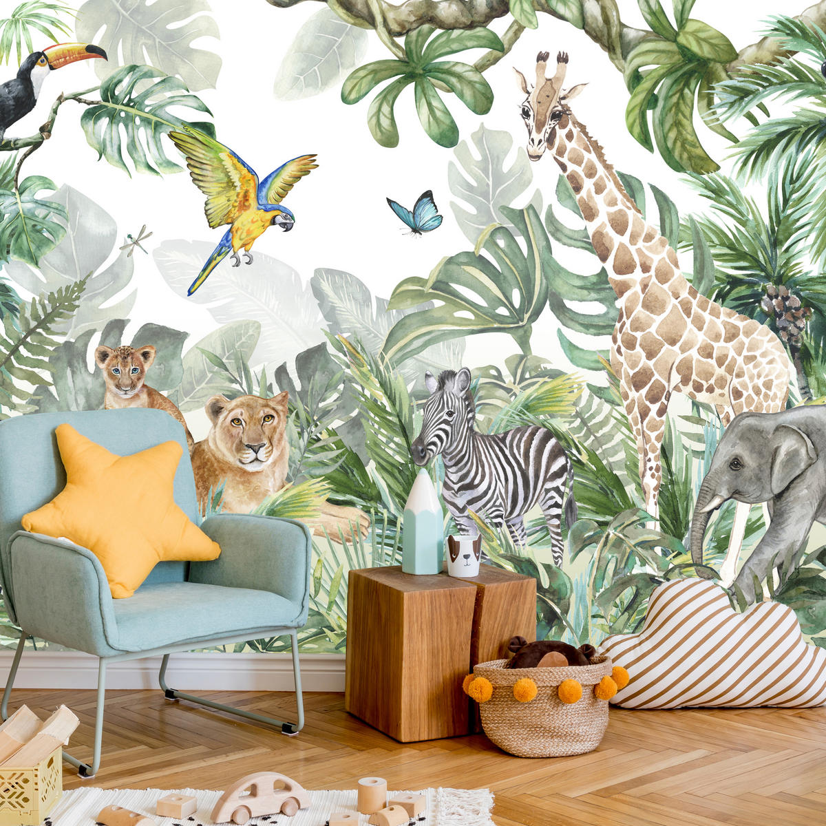 FOTOTAPETE für Kinderzimmer Tropen Dschungel Tiere Palmen Monstera 350x256 - Beige/Orange, Papier (350/256cm) - Muralo