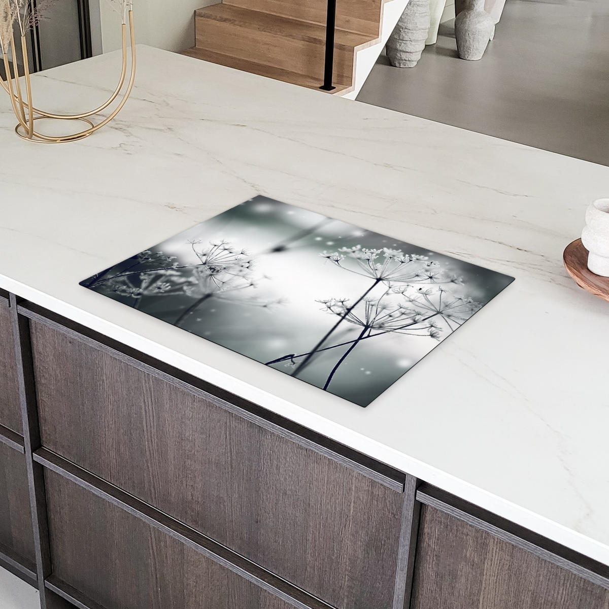 HERDABDECKPLATTE Blumen - Winter - Schnee - Natur Induktionsmatte 71x52 cm - Grau, Kunststoff (71/52/0.2cm) - MuchoWow