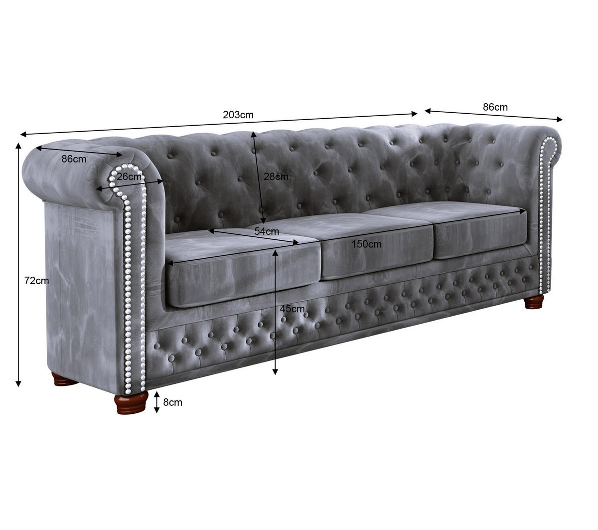SITZGARNITUR 3+2+1 Chesterfield Lauren Grau Samt - Braun/Grau, Holz/Textil (203/72/86cm) - S-Style Möbel