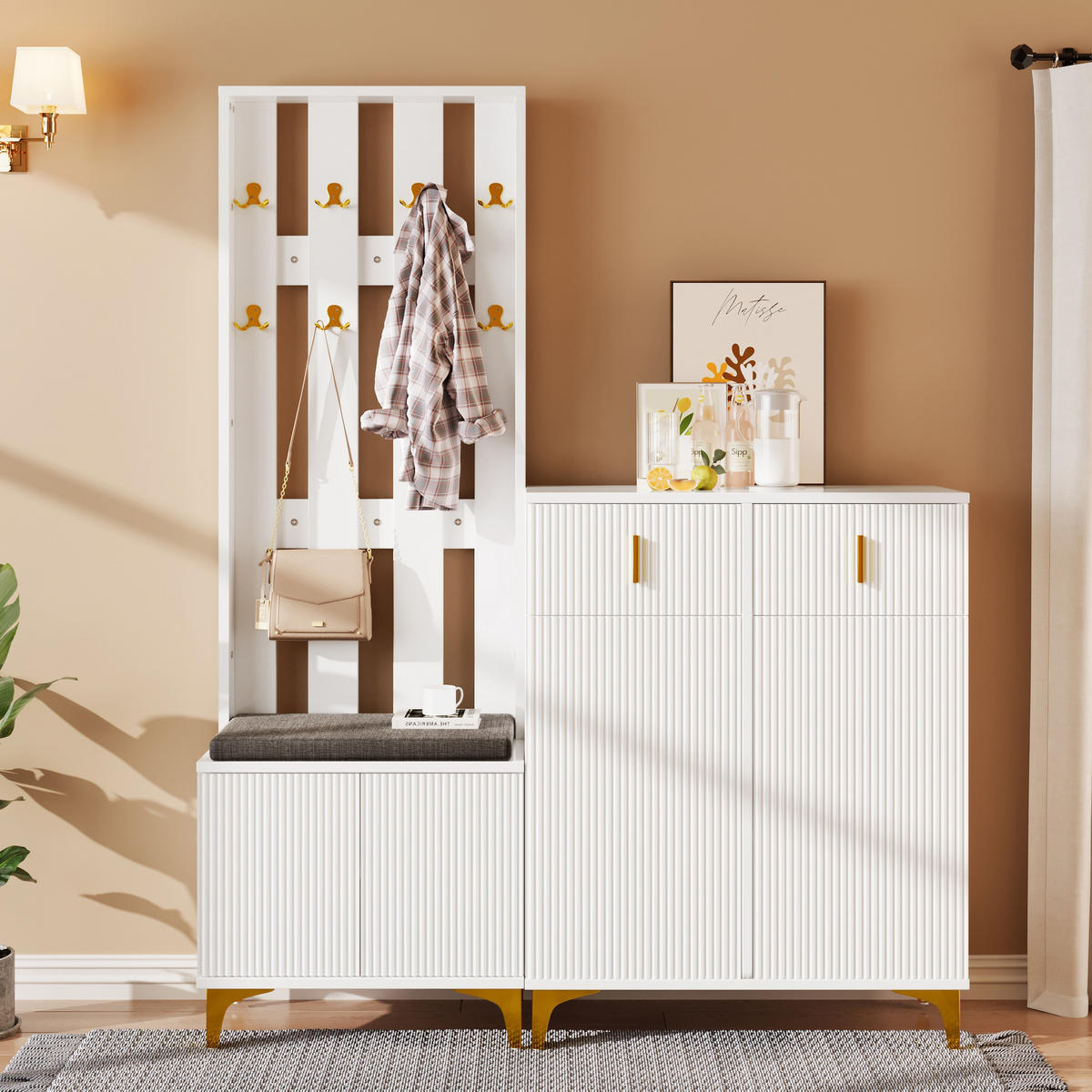 IN Weiß Kleiderschrank-Set mit Schuhbank und Kissen,Haken,Schubladen und Türen, B60.5/T35.2/H180.5cm und B83/T35/H101cm - Goldfarben/Weiß, Holzwerkstoff/Metall (60.5/180.5/35.2cm) - STILVORA