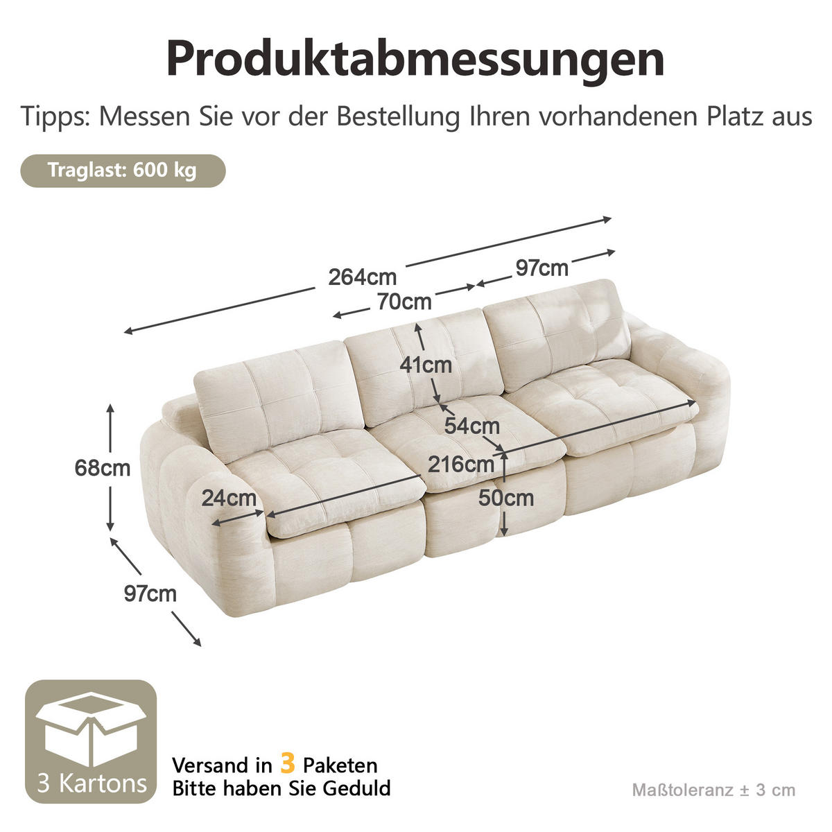 3-SITZER-SOFA DE-34464 Karostepp-Design und 32D-Schaum Beige - Beige, Textil (97/68/264cm) - ComfortXL
