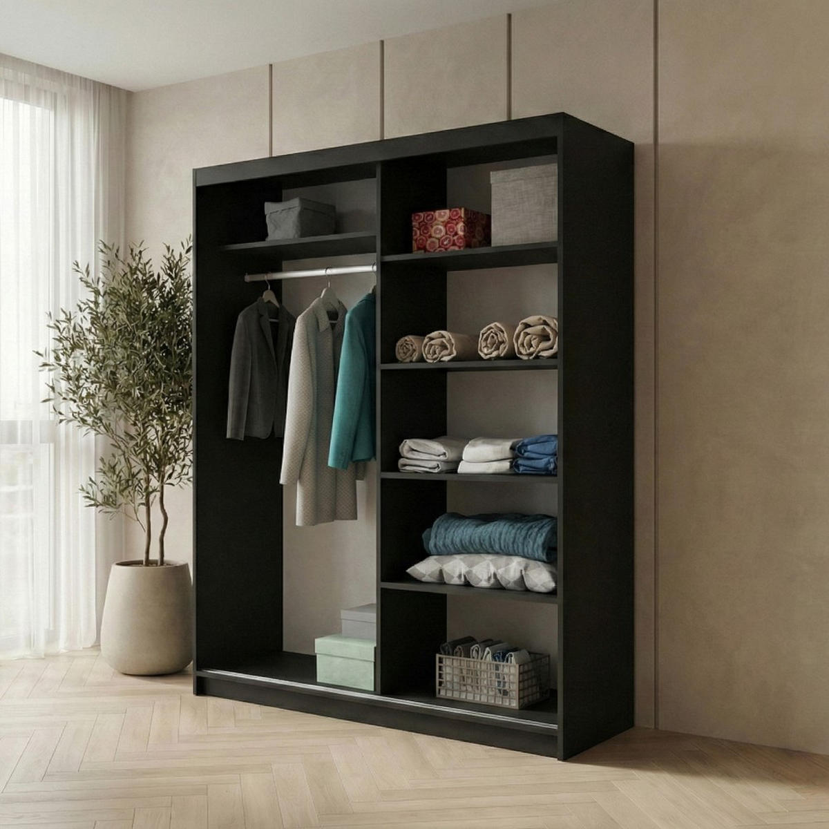 SCHWEBETÜRENSCHRANK Hela 160/205/60 2-türig schwarz mit Spiegel - Schwarz, Holzwerkstoff (160/205/60cm) - Beautysofa