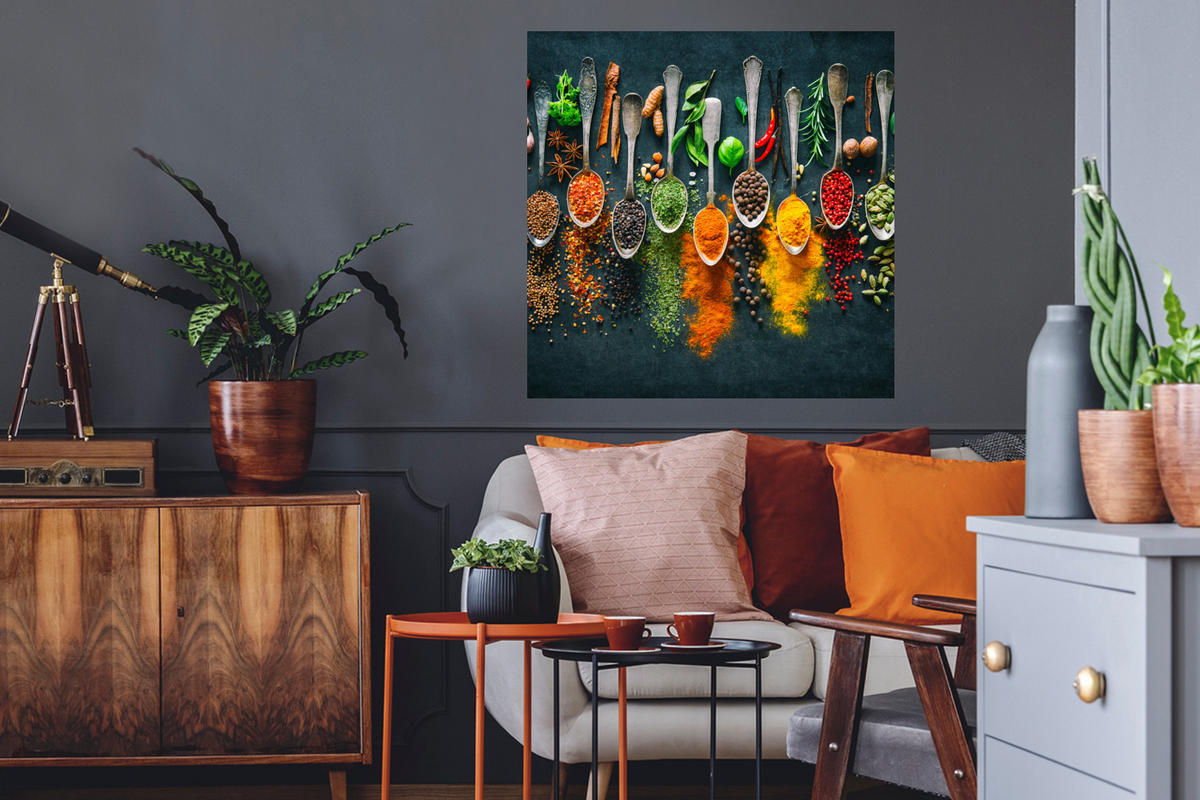 WANDTATTOO Kräuter - Gewürze - Löffel 50x50 cm - Currygelb, Kunststoff (50/50/0.1cm) - MuchoWow