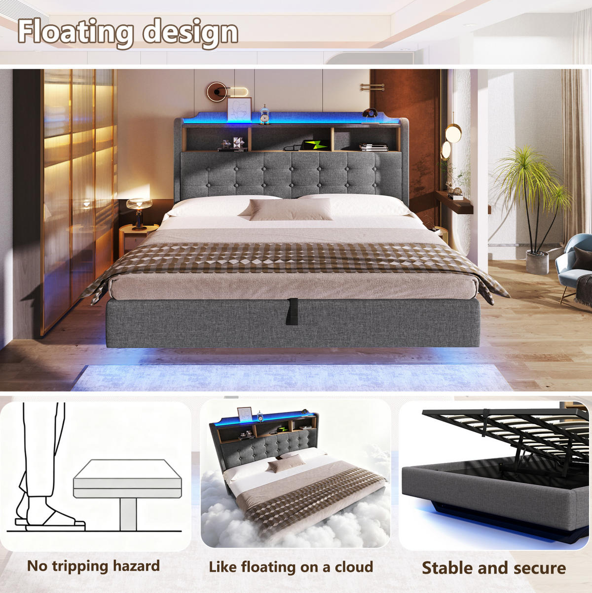 POLSTERBETT 180/200 cm aus Leinen und MDF mit LED-Lichtleiste, Grau - Grau, Textil (180/200cm) - OKMYHOME