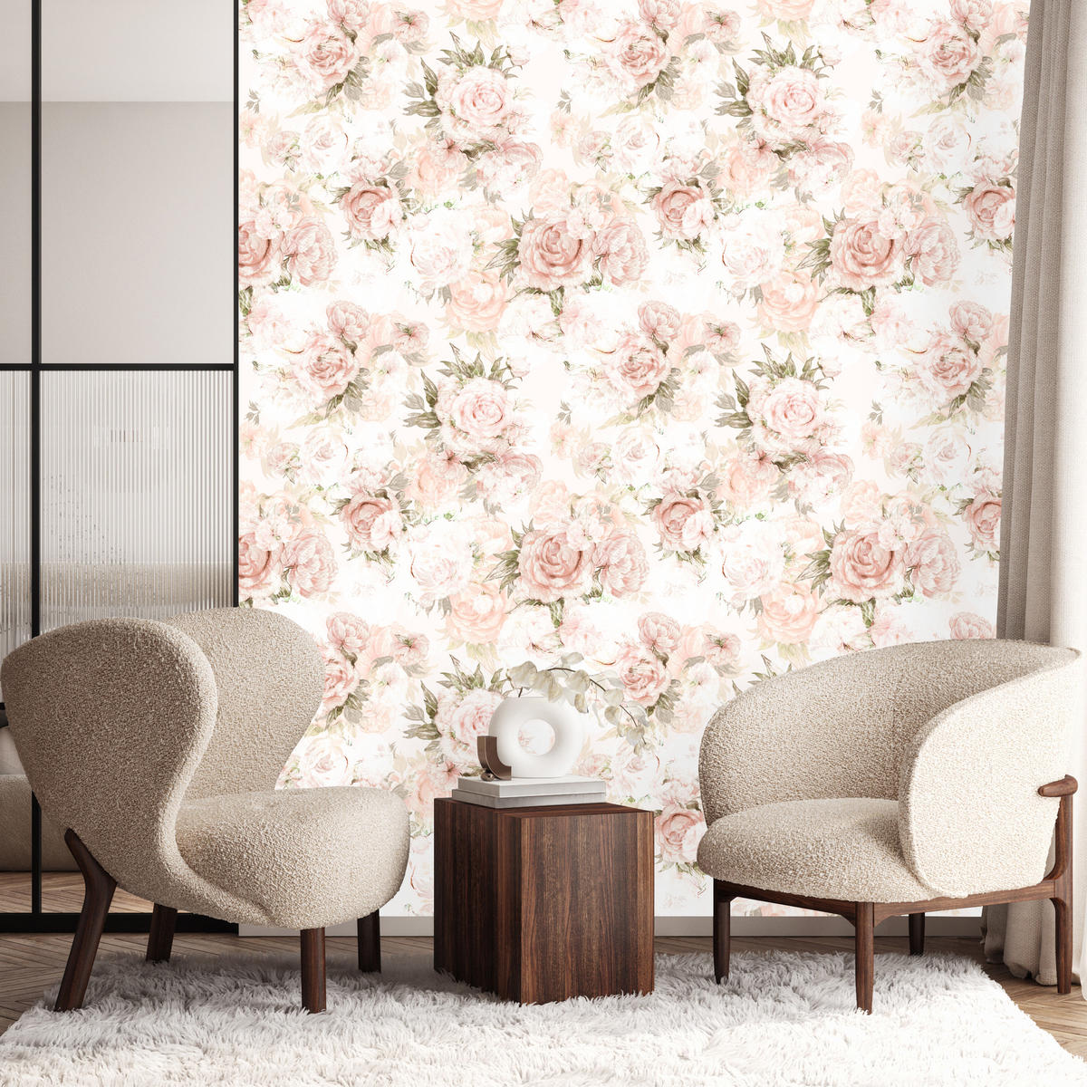 VLIESTAPETE Pastell-Pfingstrosen – Rosa, Beige, Weiß – 50x1000 cm - Beige/Rosa, Papier (50/1000cm) - Muralo