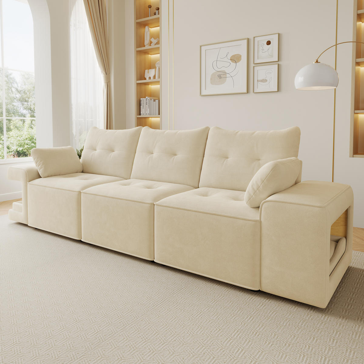 SOFA Beige 3 Sitzer Stauraum breite Armlehnen Kissen - Beige, Textil (78/84/229.5cm) - FLIEKS