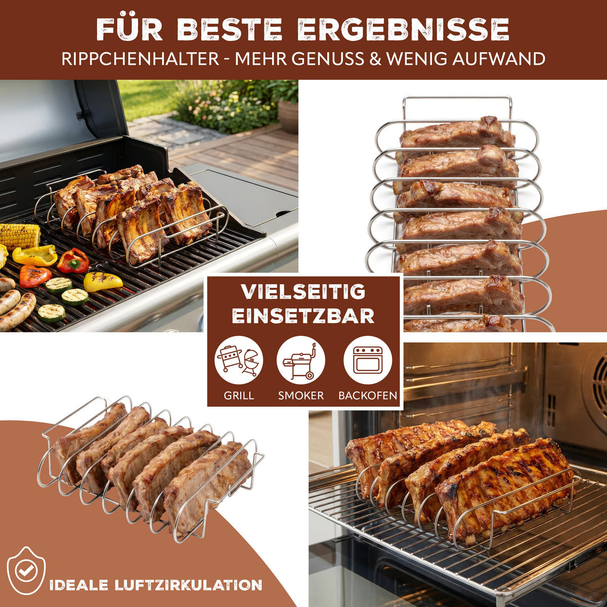 SPARE-RIBS-HALTER, aus Edelstahl mit Tragegriffen - Edelstahlfarben, Metall (37/7/29cm) - eluno