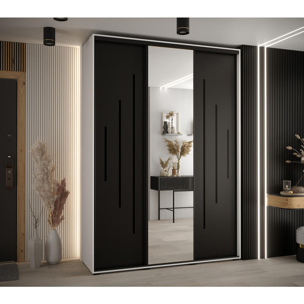 Thumbnail - Abiks Möbel Schwebetürenschrank, Weiß, Schwarz, Schwarz, Metall, Nachbildung, 6 Fächer, 180x235x45 cm, Schlafzimmer, Kle...