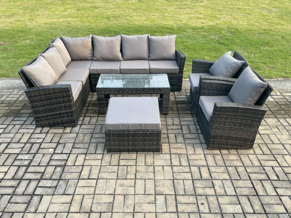 GARTENLOUNGE mit Ecksofa Polyrattan Dunkelgrau 9-Sitzer - Dunkelgrau/Grau, Glas/Kunststoff - Fimous