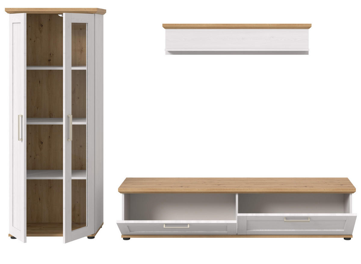 WOHNWAND 3-teilig weiß Lärche, Eiche Artisan 240 cm Landhaus, Schrankwand mit viel Stauraum - Silberfarben/Schwarz, Holzwerkstoff/Kunststoff (240/161/40cm) - Inn.Furn